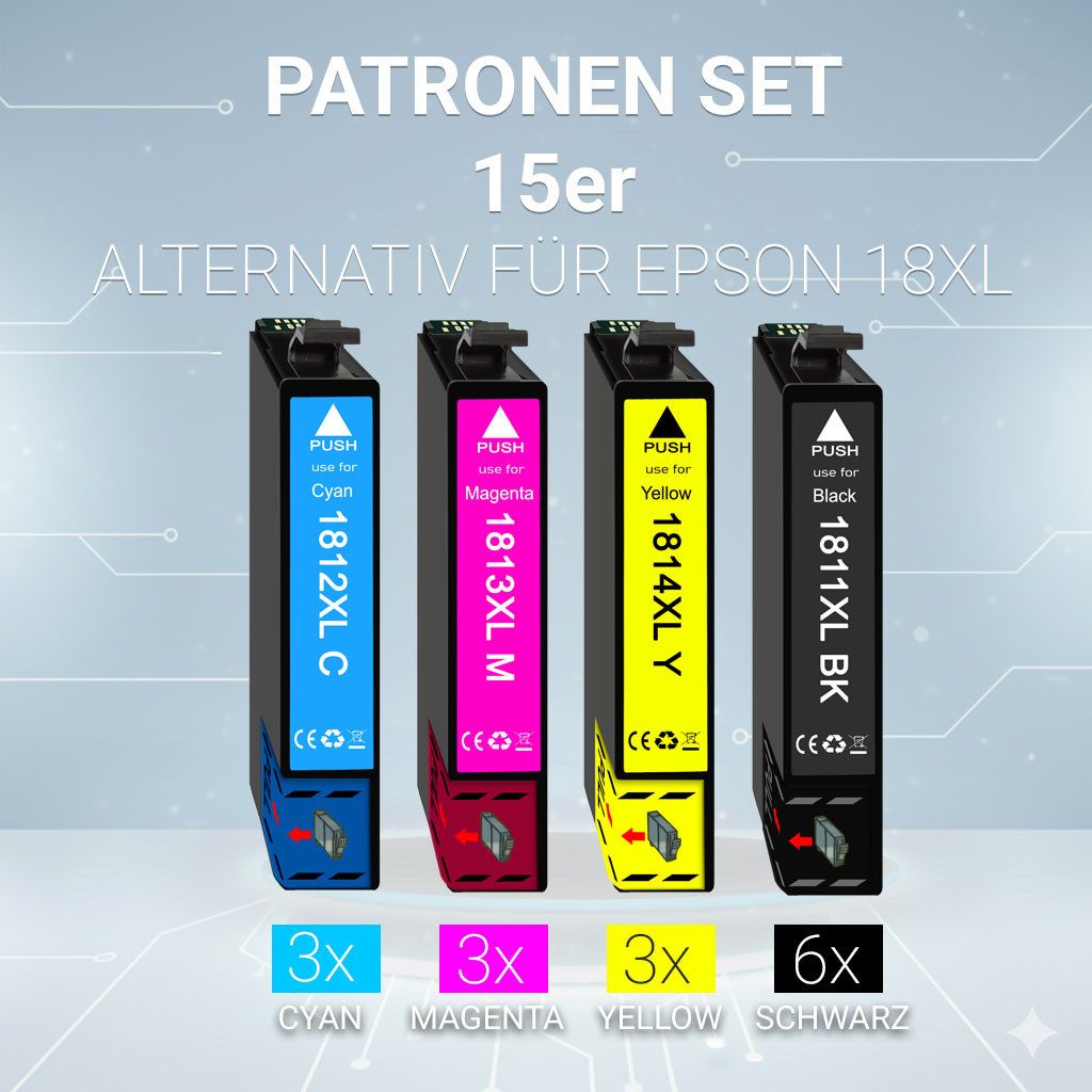 Druckerparadies 16er Multipack für Epson 18XL Tintenpatronen Set Tintenpatrone (15-tlg., XP102 XP202 XP205 XP212 XP215 XP225 XP30 XP302 XP305 XP312 XP315 XP322)