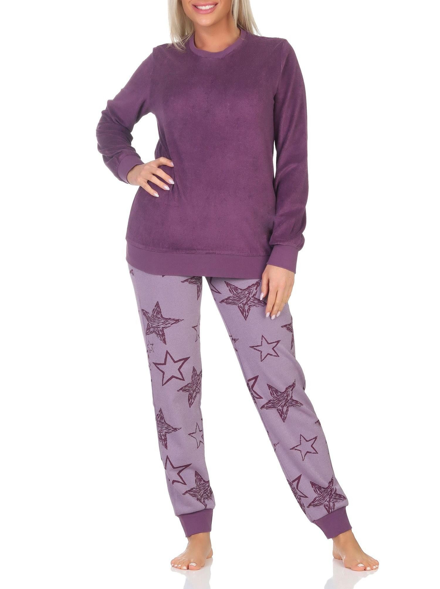 Pyjama Normann Damen Frottee Schlafanzug lang mit Bündchen in Sterne Optik