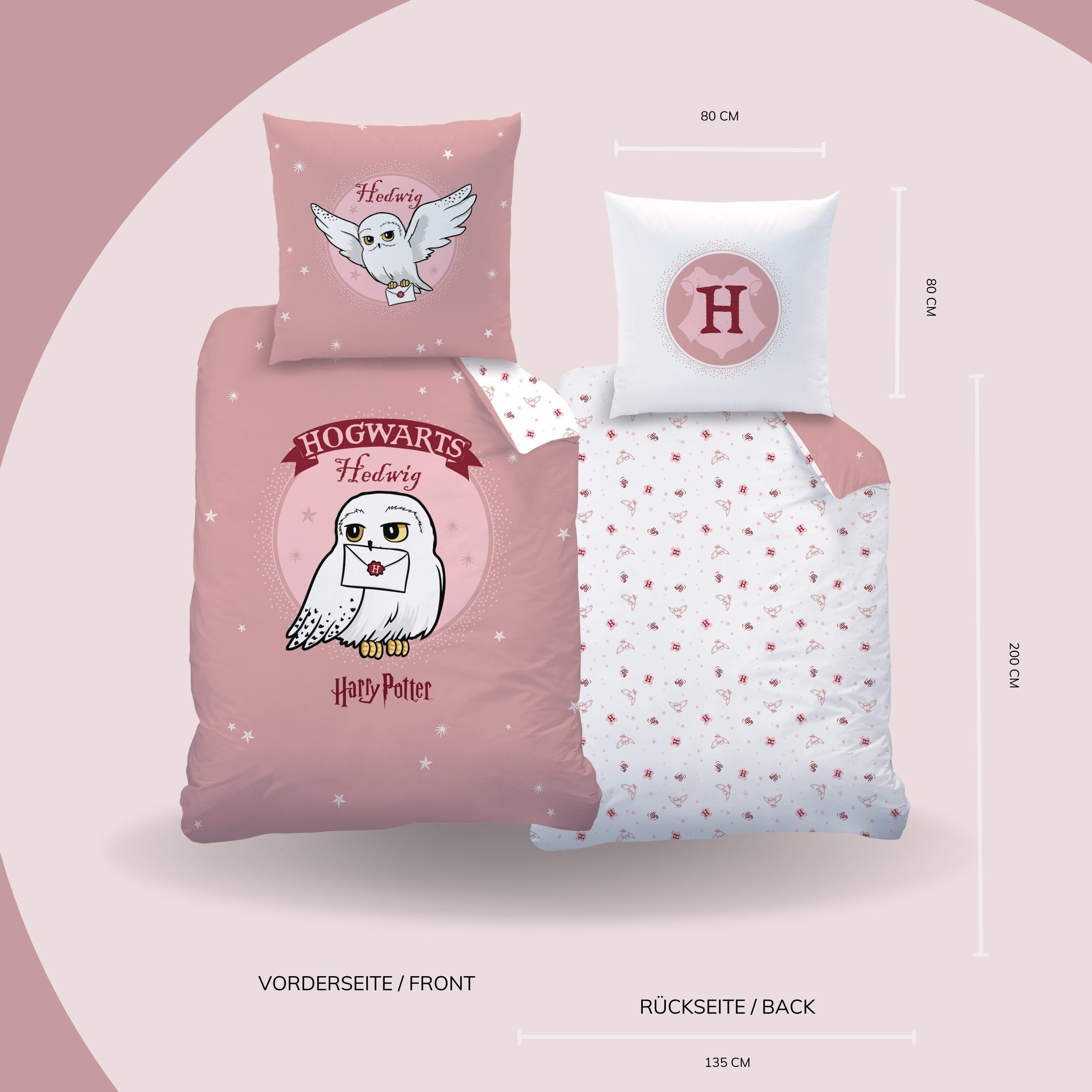 MTOnlinehandel Bettwäsche Harry Potter "Fly Hedwig" Renforcé in 135x200 + 80x80 cm, 100% Baumwolle, 2 teilig, Kinderbettwäsche-Set in Rosa für alle Hogwarts Fan – Bild 4 von 5