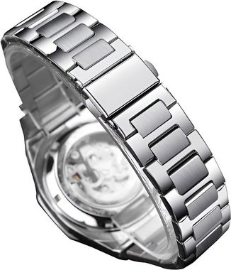 S&T Design Mechanische Uhr Mechanische Uhr Skelett Edelstahl, (inkl. Uhrenetui, und Armbandkürzer), Mechanische Armbanduhr für Herren, Achteckig, Wasserdicht