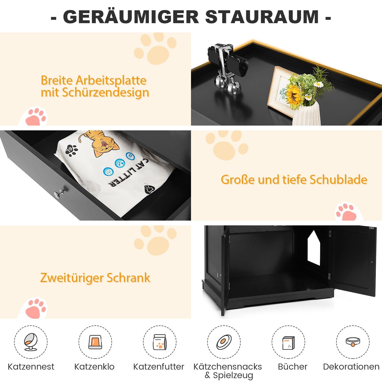 COSTWAY Tierhaus Katzenschrank, Katzenhaus, mit Schublade & Tür & Eingang, 3in1 Beistelltisch