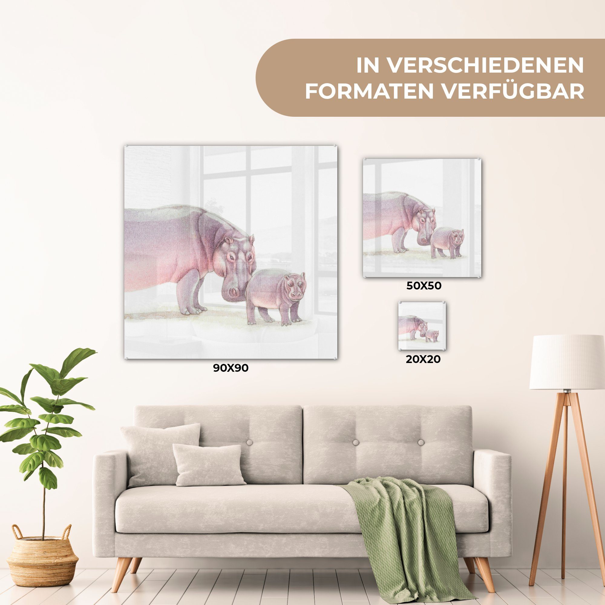 - Foto - Glas Wanddekoration Nilpferd Bilder auf auf MuchoWow St), (1 Glas - Wandbild Aquarell, Acrylglasbild - Kalb Glasbilder -