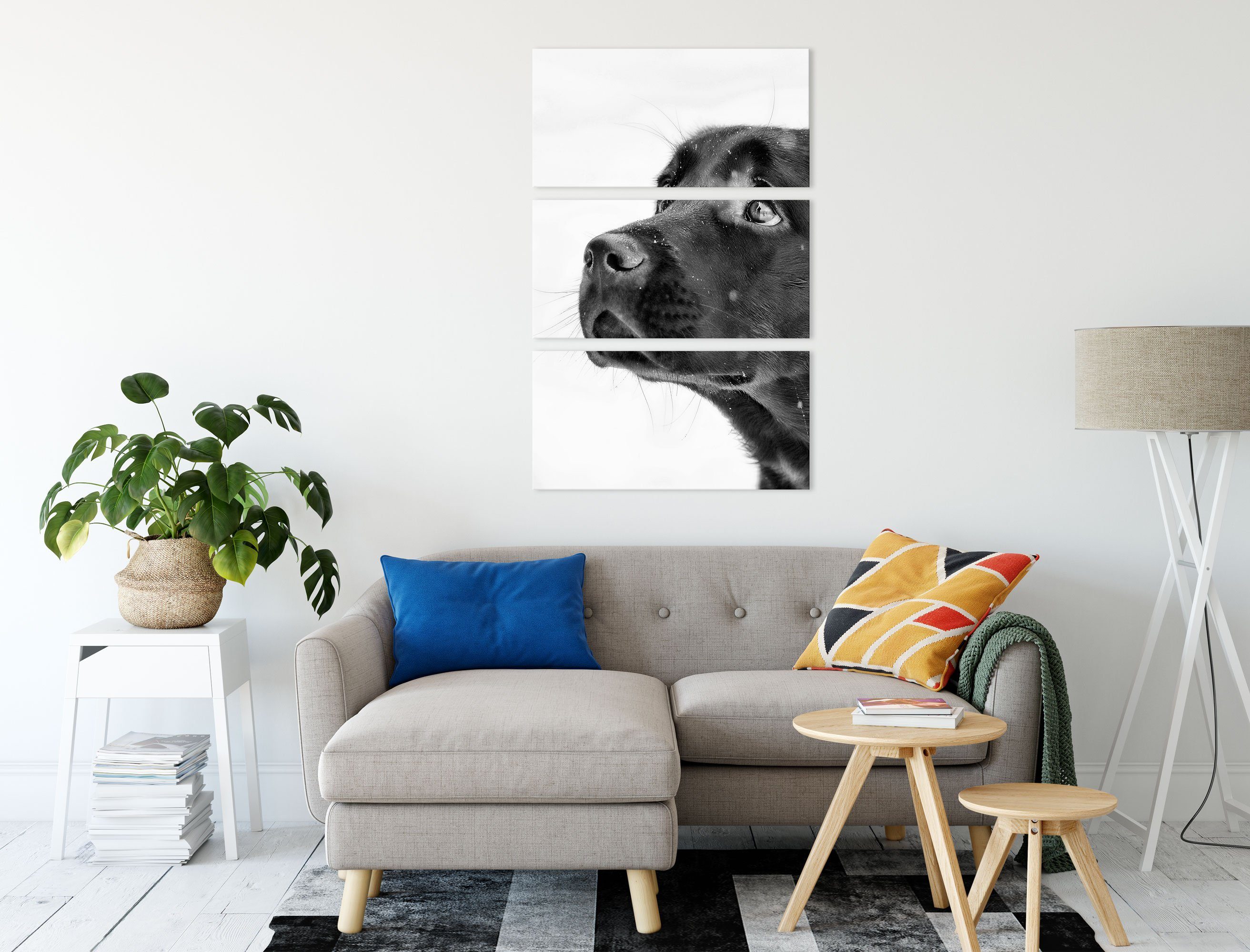 Pixxprint Zackenaufhänger Leinwandbild Schwarzer Leinwandbild Labrador 3Teiler Labrador Schnee, Schwarzer (1 fertig bespannt, St), Schnee im im inkl. (120x80cm)