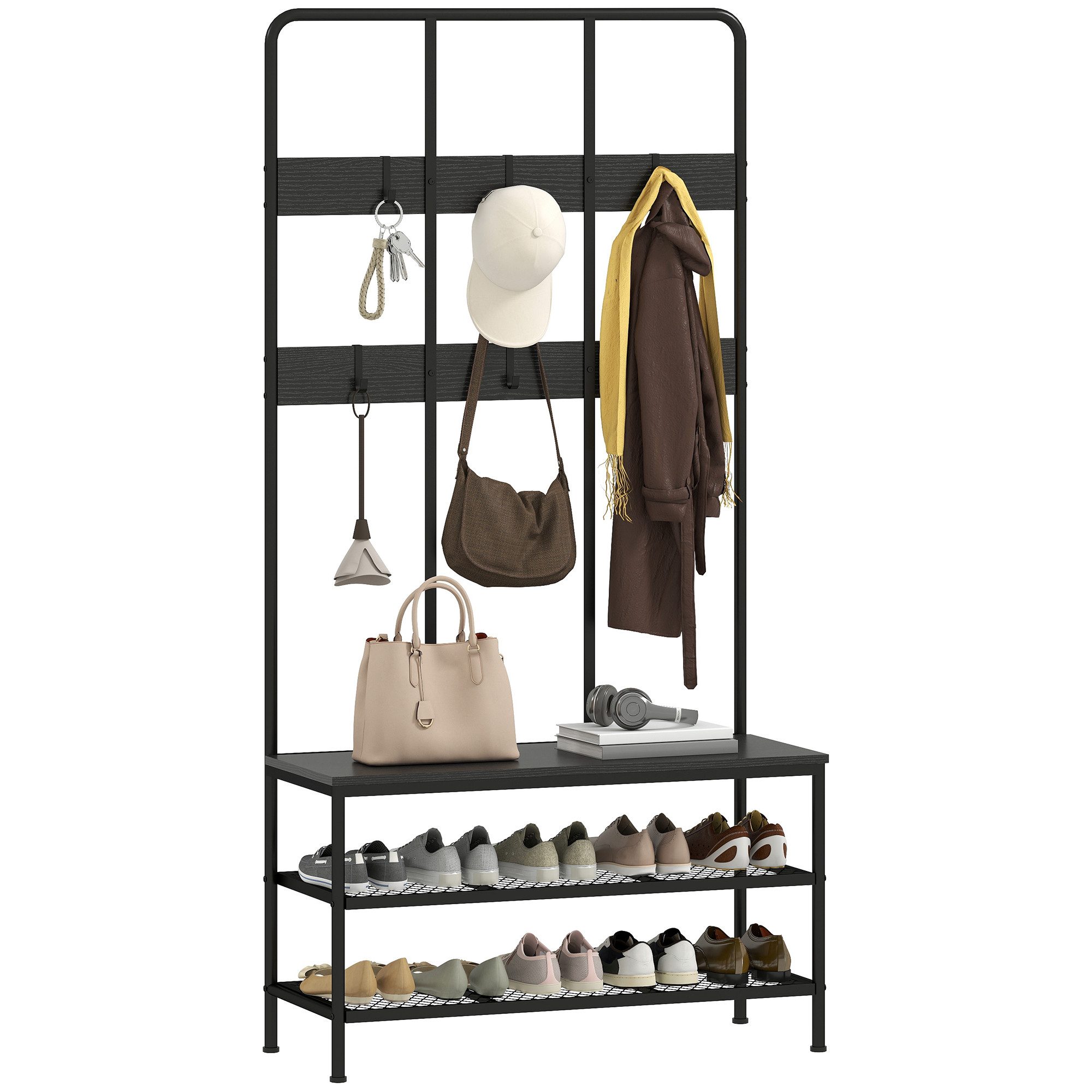 HOMCOM Garderobenständer Kleiderständer mit Schuhbank, Garderobe mit 6 Haken, (Jackenständer, 1 St., Garderobe), für Eingangsbereich, Flur, Schlafzimmer, Schwar – Bild 2 von 5