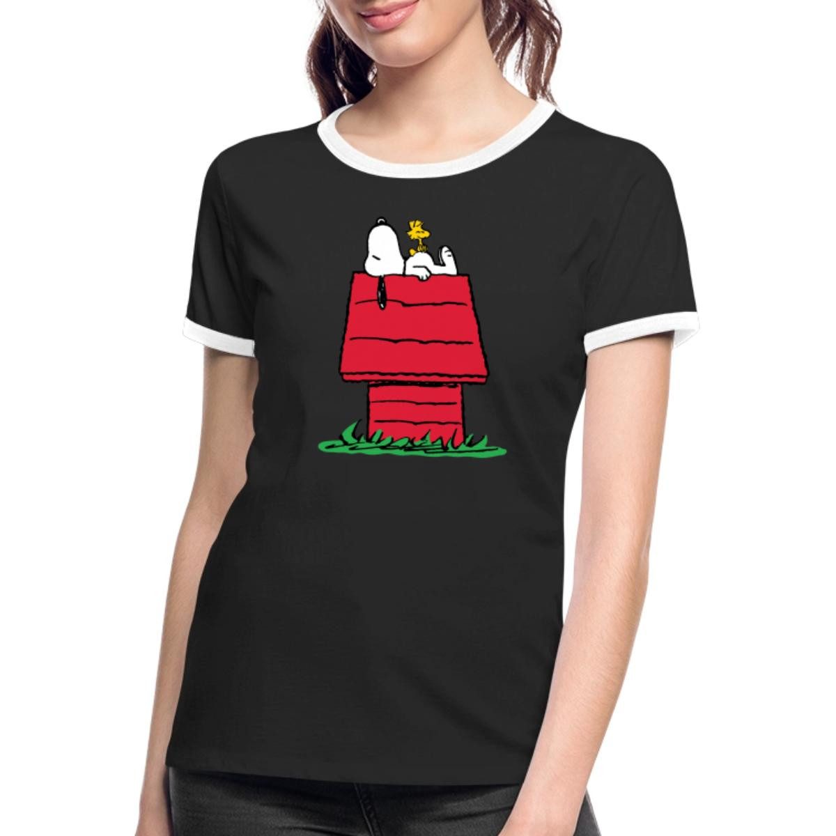 Spreadshirt T-Shirt Peanuts Snoopy Und Die Hundehütte Frauen Kontrast T-Shirt (1-tlg)