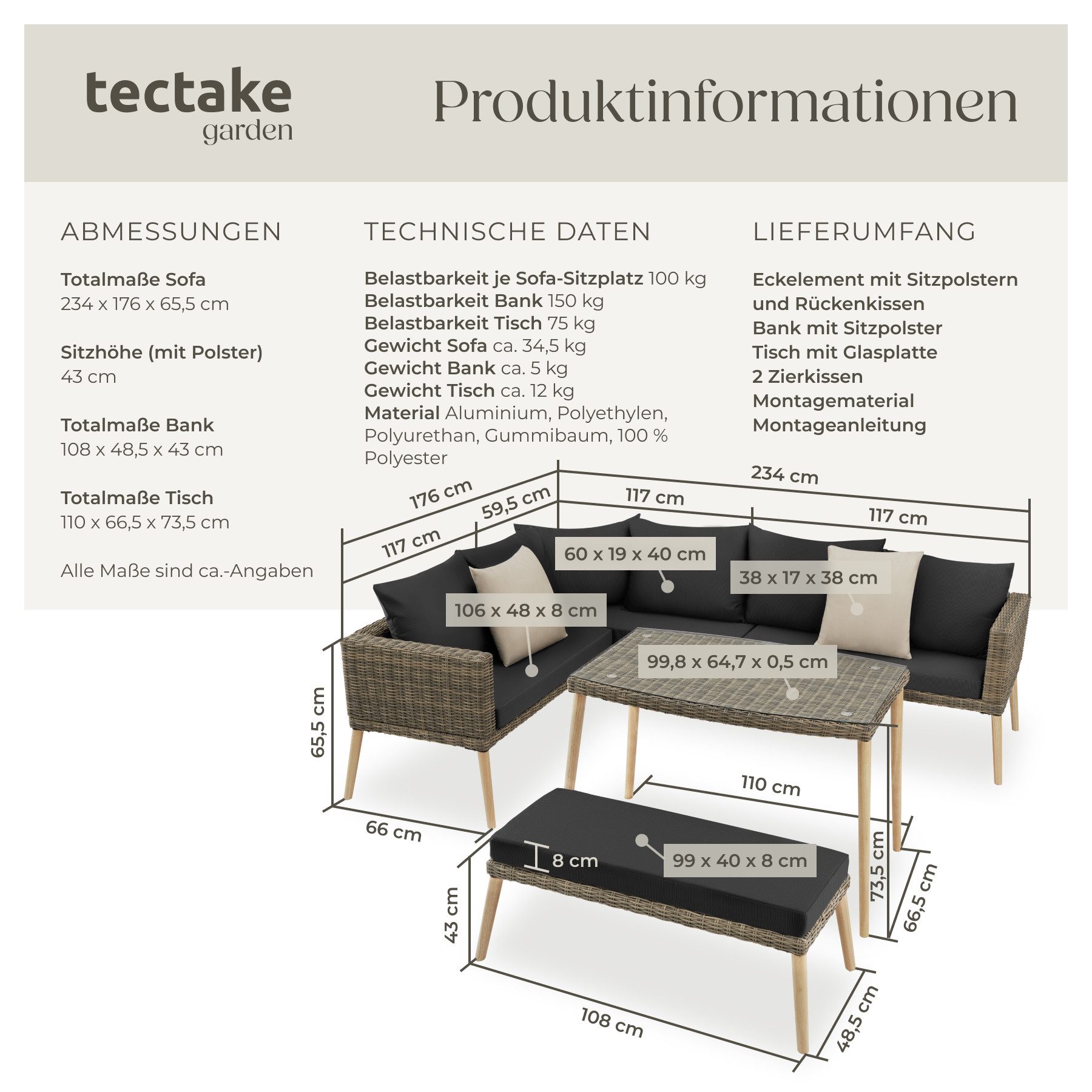 tectake Loungeset Rattan Lounge, (Set., 3-tlg), Stabiles Gestell aus leichtem und rostfreiem Aluminium