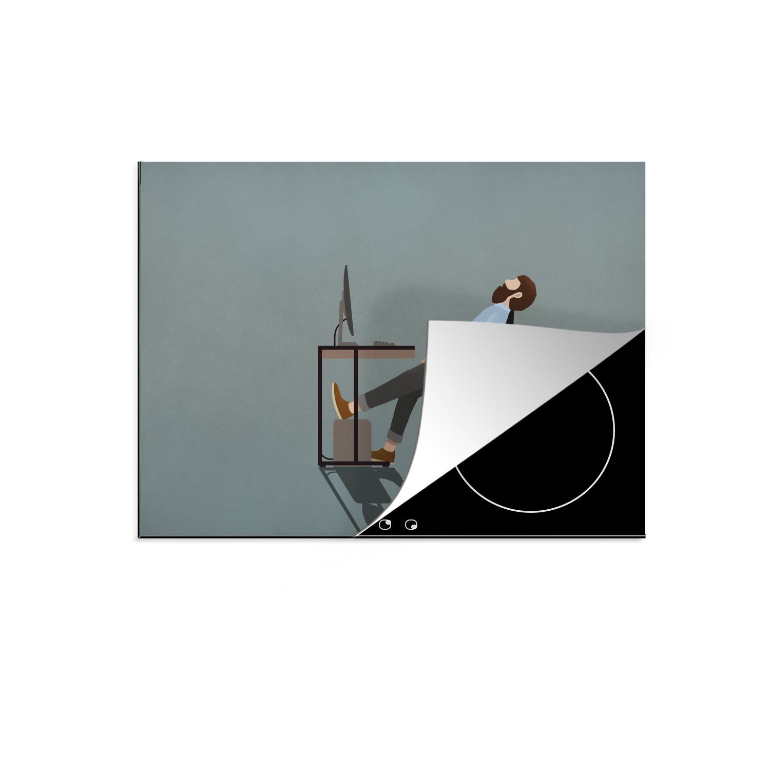 MuchoWow Herdblende-/Abdeckplatte Illustration eines müden Mannes an seinem Schreibtisch, Vinyl, (1 tlg), 70x52 cm, Mobile Arbeitsfläche nutzbar, Ceranfeldabdeckung | Herdabdeckplatten