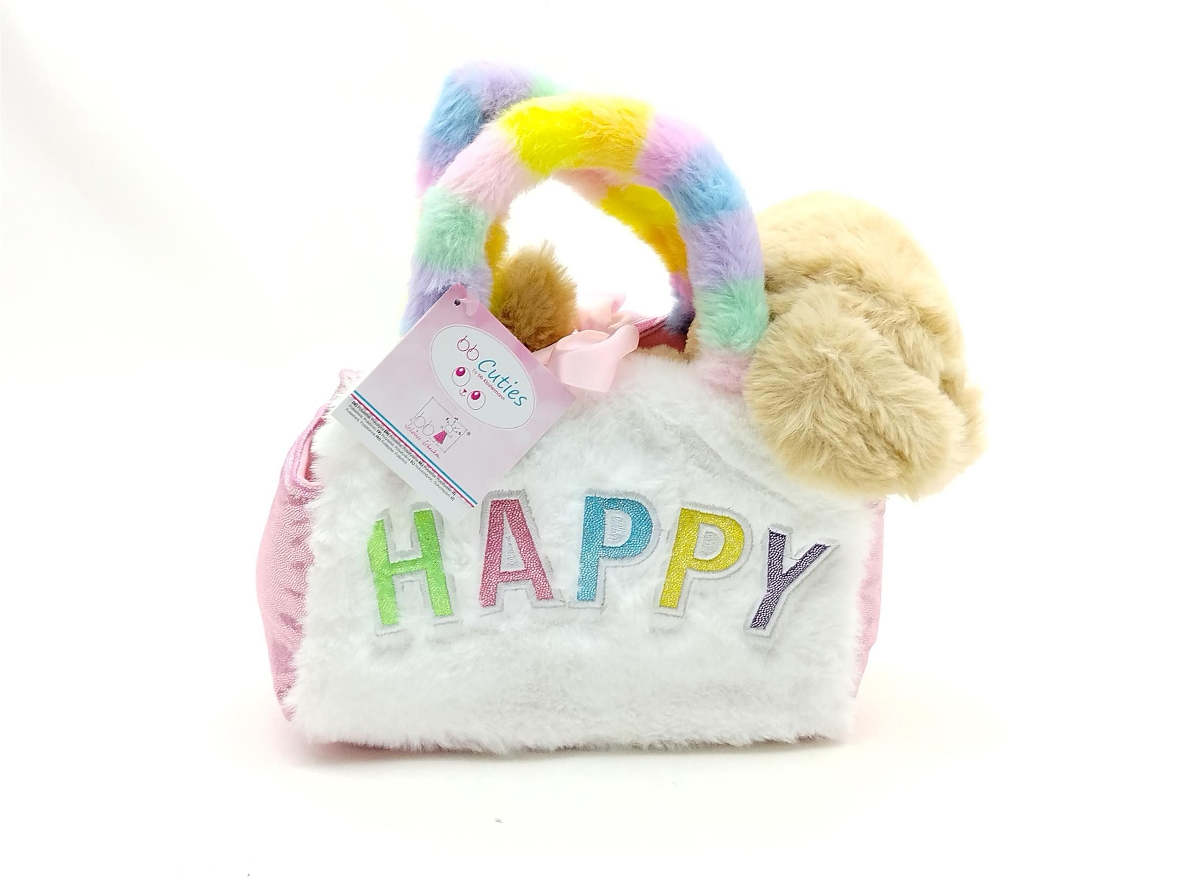 bb Klostermann Kindergartentasche Weiß-rosa Plüschtasche „Happy“ mit hellbraunem Plüschhund