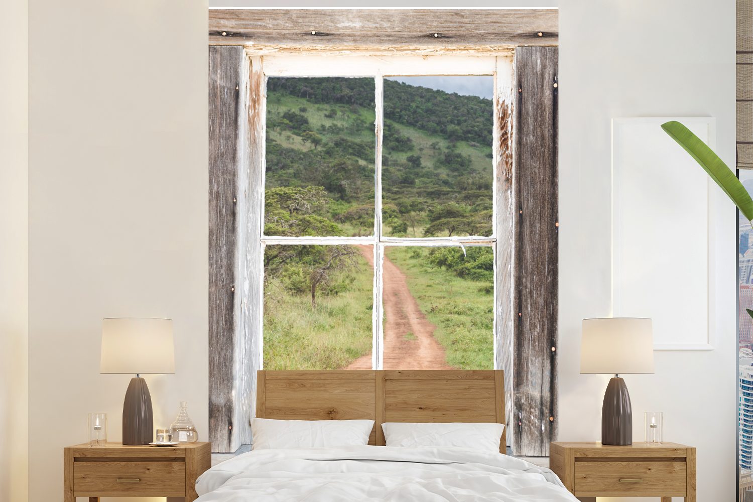 Wohnzimmer, bedruckt, Holz Durchblick Tapete MuchoWow - Wandtapete Montagefertig (3 St), für Afrika, Matt, Vinyl - Fototapete