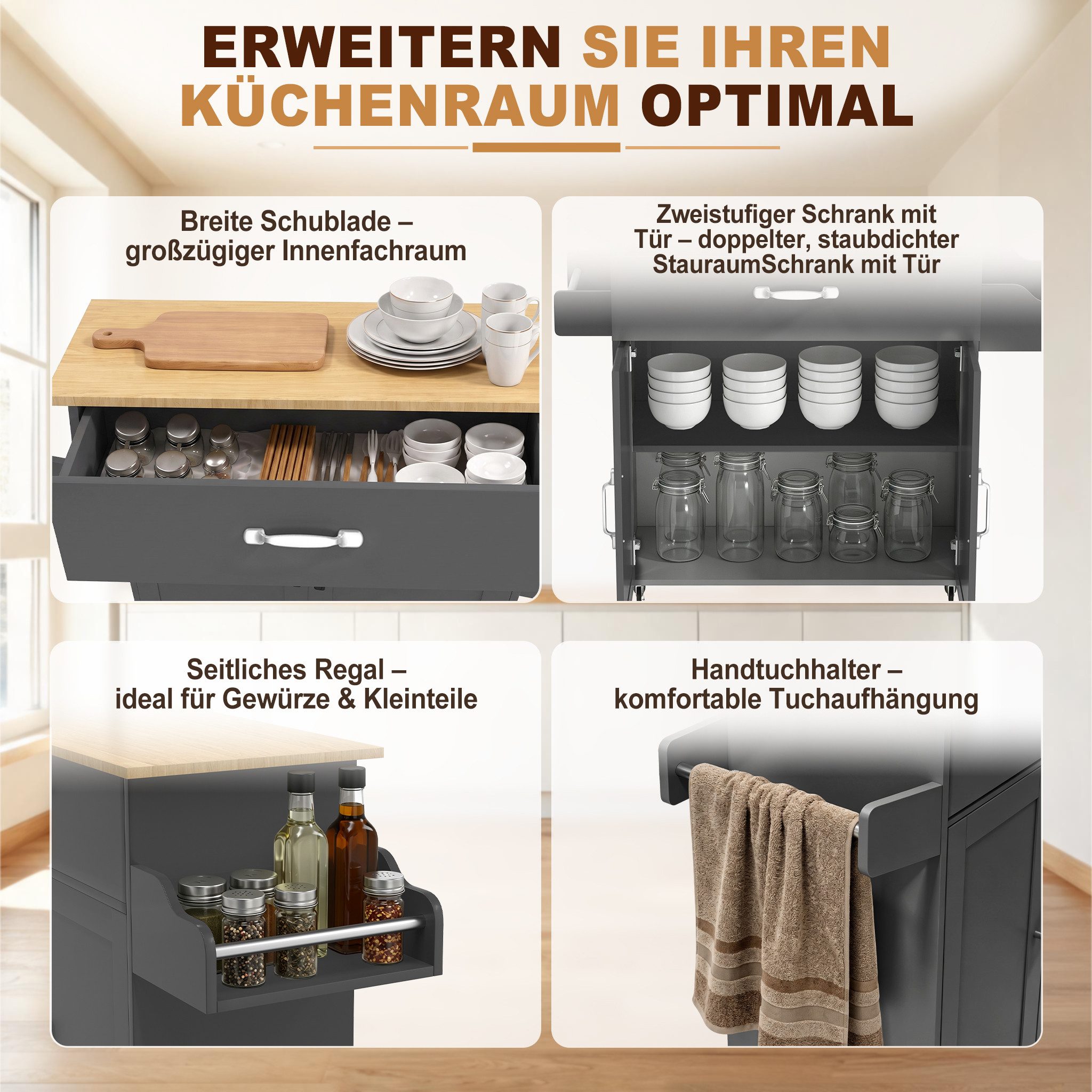 FIVMEN Küchenwagen Kücheninselwagen auf Rollen Küchen Wagen Küchenschrank 115x36x90cm, Für Küche, Wohnzimmer, Esszimmer – Bild 3 von 5