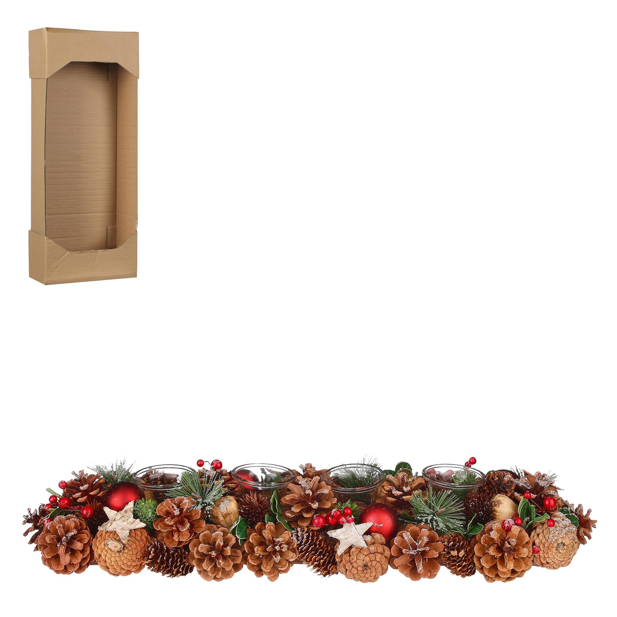 Mica Decorations Dekokranz, Adventsgesteck 54cm aus Zapfen mit 4 Teelichthaltern Braun Rot