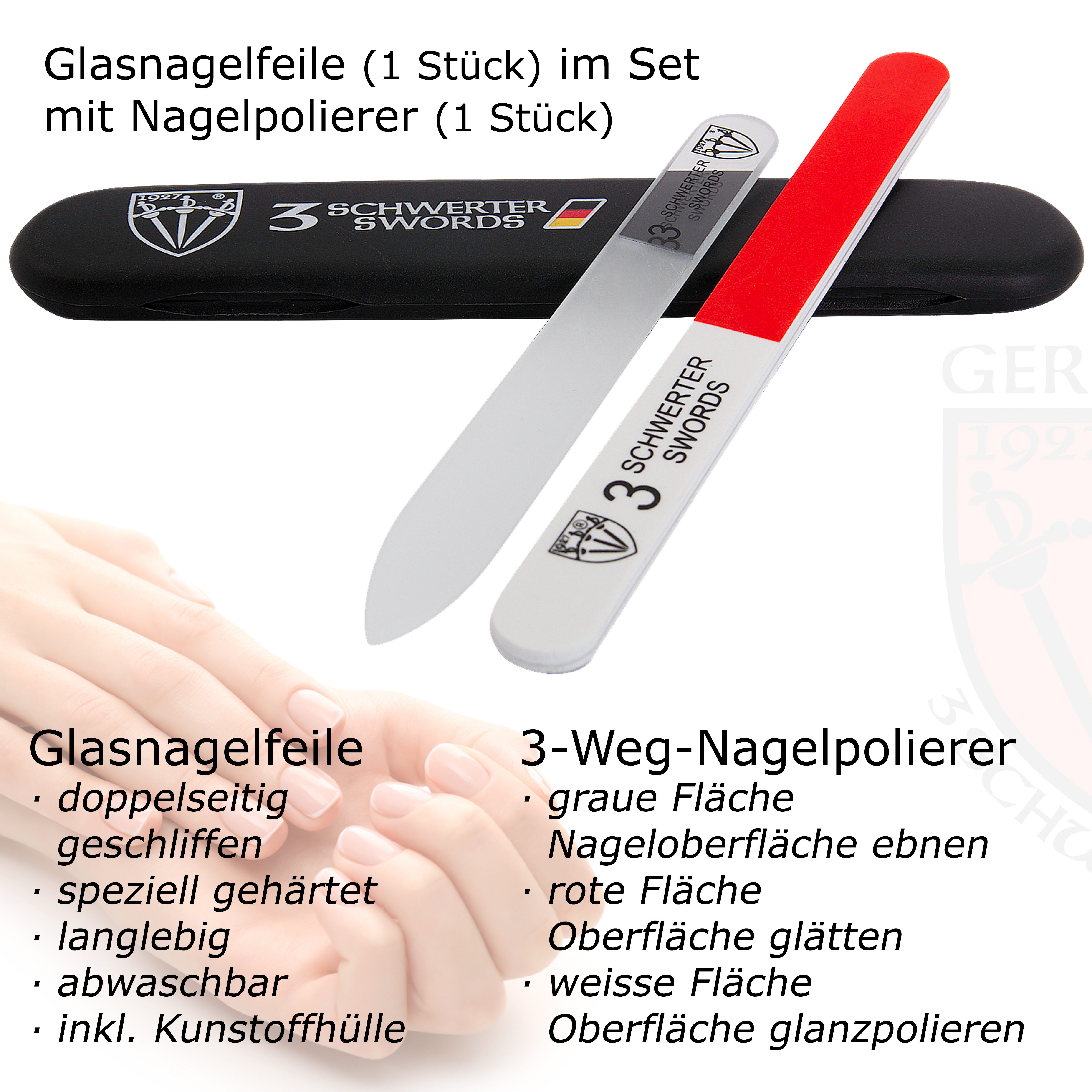 3 SCHWERTER Glasnagelfeile Nagelfeilenset, Maniküre Set für Naturnägel & Gelnägel, 2-tlg., professionelles Set mit Nagelpolierer, Made in Germany