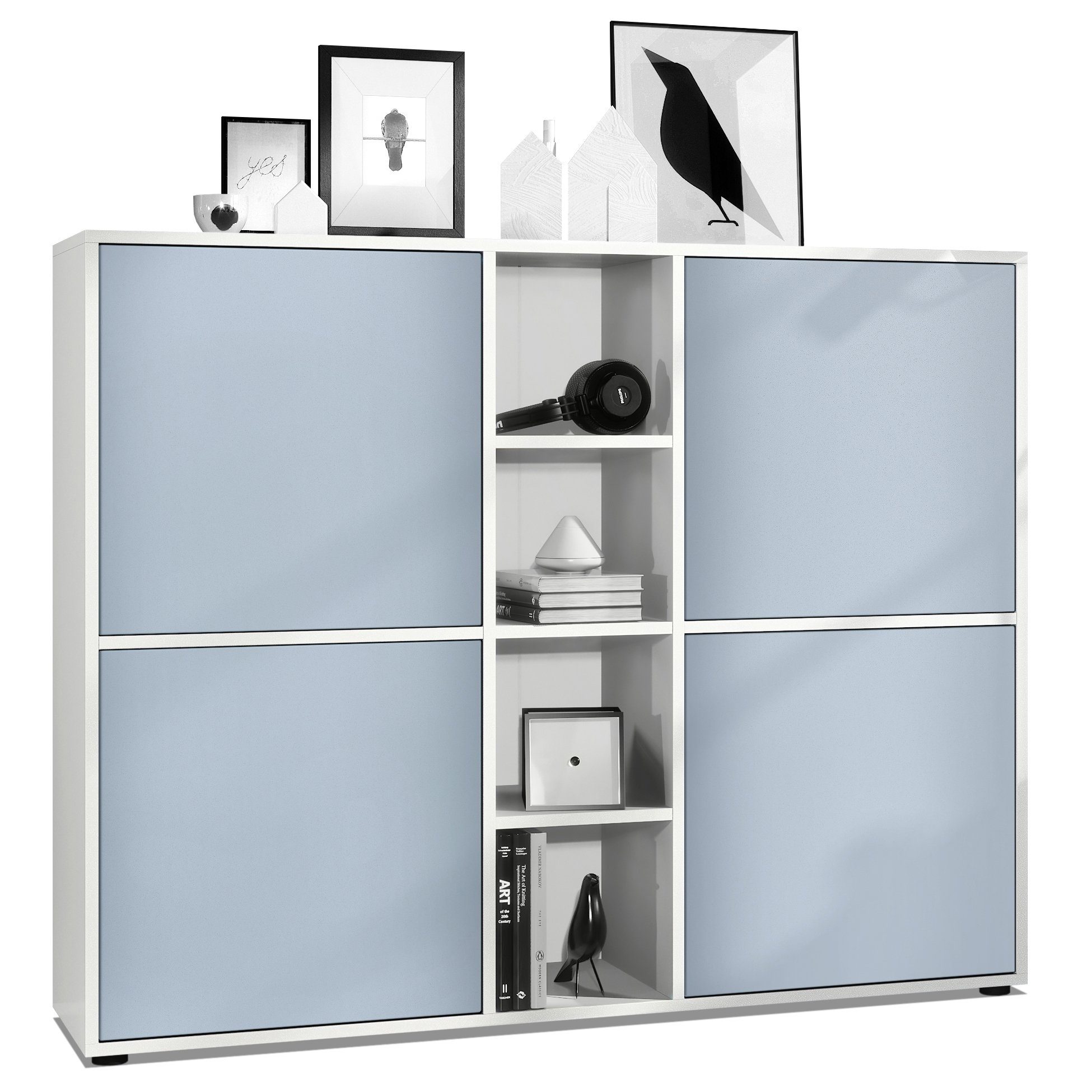 Vladon Highboard Cuba V3 (Highboard, Schrank Anrichte Cuba V3 mit 12 Fächern), Korpus in Weiß matt / Fronten in Denim matt (130,5 x 105,5 x 35,5 cm)