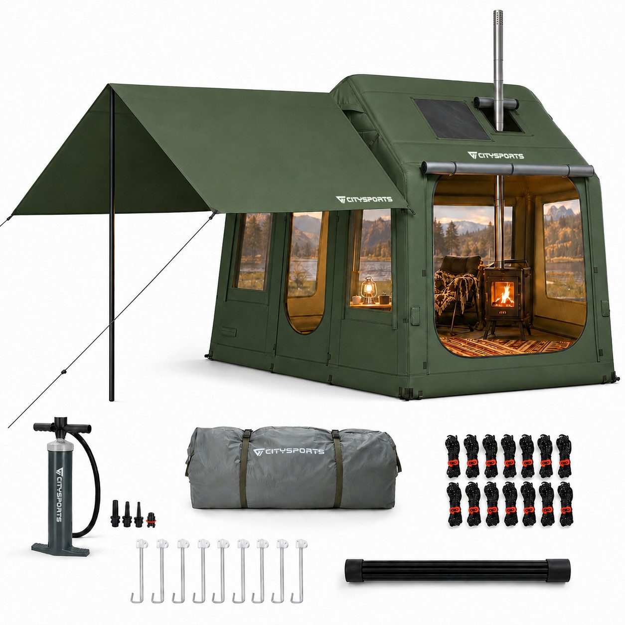 CITYSPORTS aufblasbares Zelt XL-XXL Campingzelt für 2-6 Personen, mit 300D Oxford-Stoff, Personen: 5, ca. 8m²,315×246×220cm, Tarp 355 × 265 cm, Kaminöffnung, 2 Dachfenster