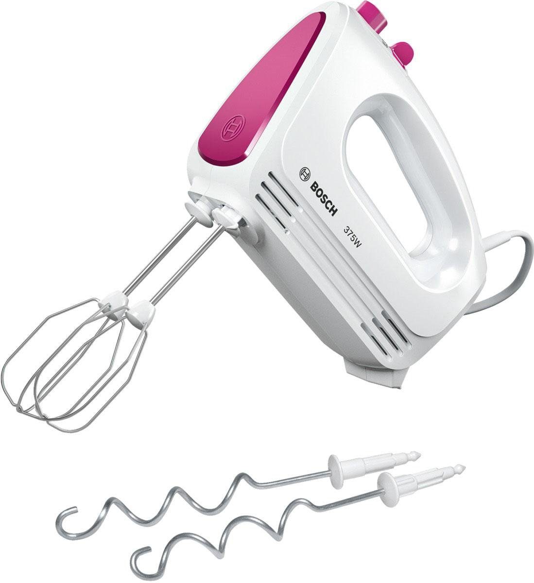 BOSCH Ручні міксери CleverMixx MFQ2210P, Edelst. Rührbesen/Knethaken, 4 Stufen, weiß/pink, 375 W, Turbotaste, ergonomischer Griff, Auswurftaste, Made in Europe