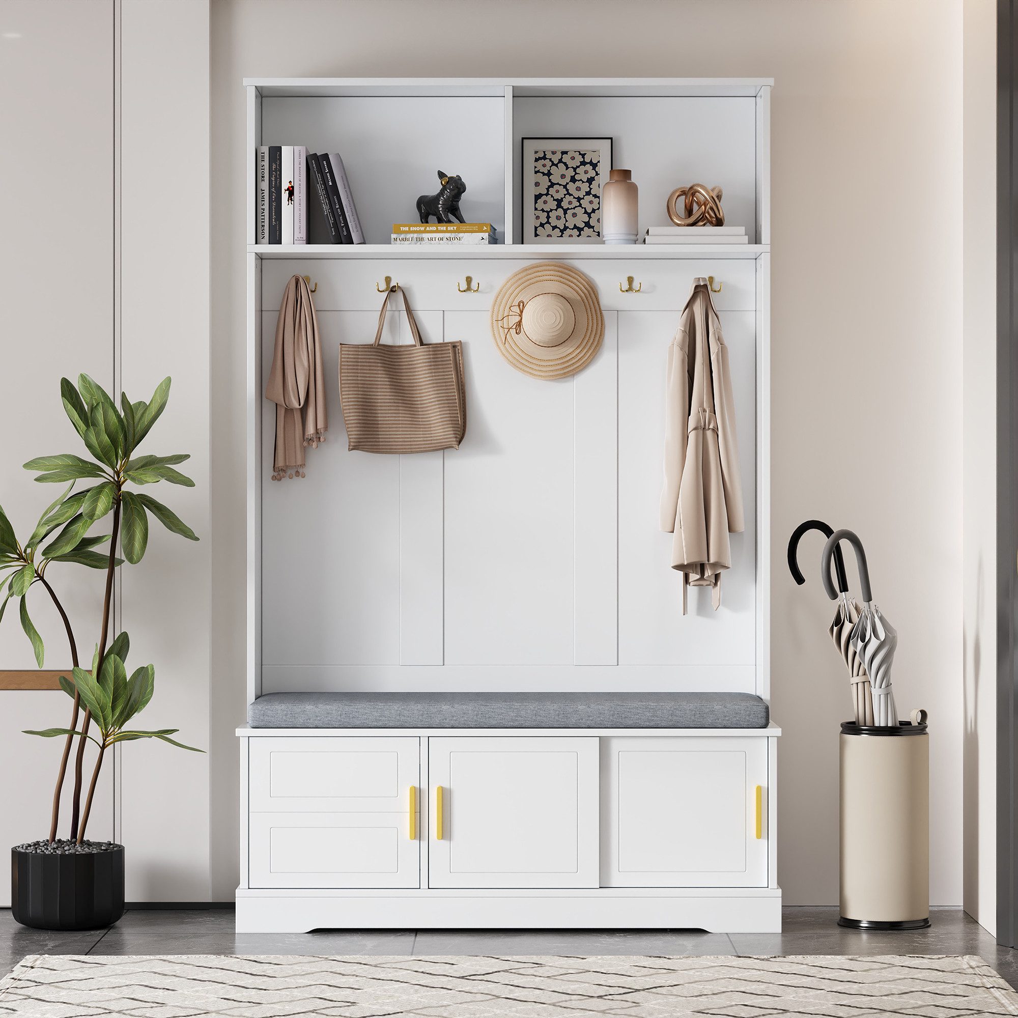 Merax Garderoben-Set mit Schuhbank & 6 Haken, (1-St., B120/T40/H191 cm), Garderobenständer Flurgarderobe mit Ablage & 3 Türen, freistehend – Bild 4 von 5