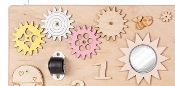 Moni Lernspielzeug Lernboard, Lerntafel medium, aus Holz Zahnräder, Lichtschalter, Uhr, Klingel