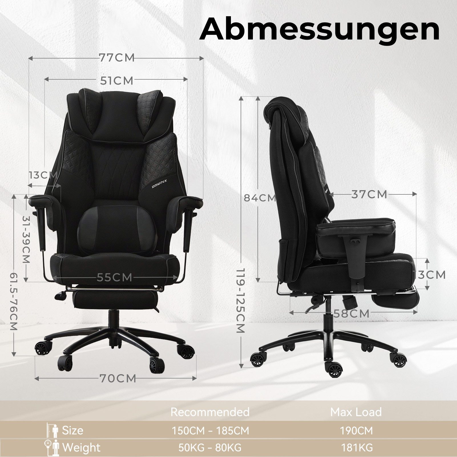 Dowinx Gaming-Stuhl mit Massage-Lendenkissen & Extra-Dicker Sitzpolsterung (Packung), Chefsessel mit Atmungsaktivem Mesh & Verstellbaren Armlehnen – Bild 3 von 5