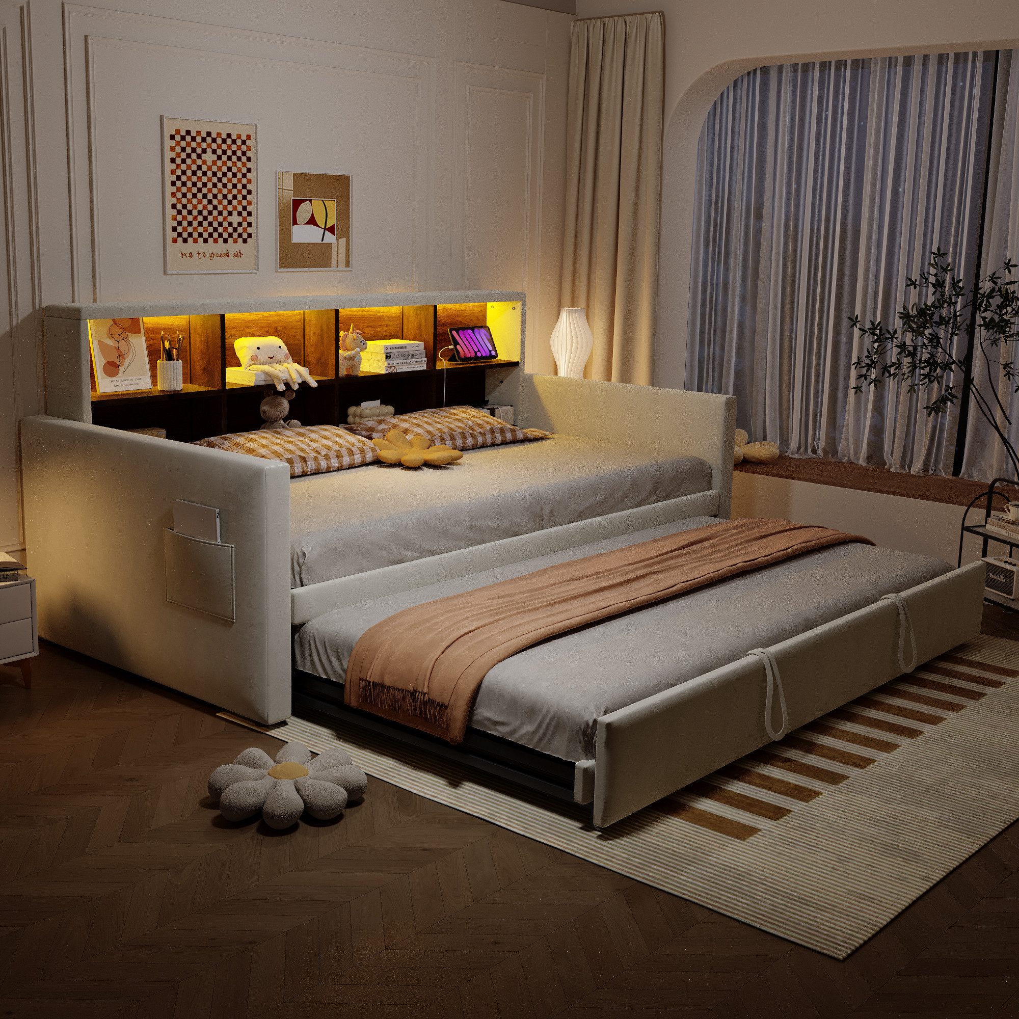 REDOM Schlafsofa mit Ausziehfunktion, LED-Lichtleiste & integrierten Ladeanschlüssen, Samtbezug & Stauraum im Kopfteil, Polsterbett Funktionsbett, ohne Matratze, 90/180x190 cm