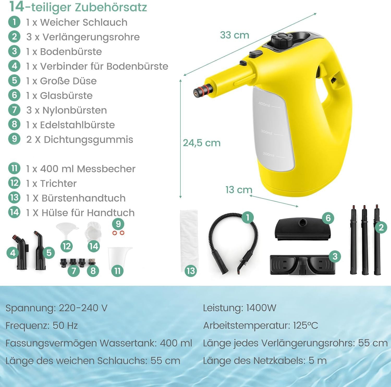 KOMFOTTEU Dampfreiniger, 1400 W, tragbarer Mehrzweck-Dampfreiniger mit 14 Zubehörteilen