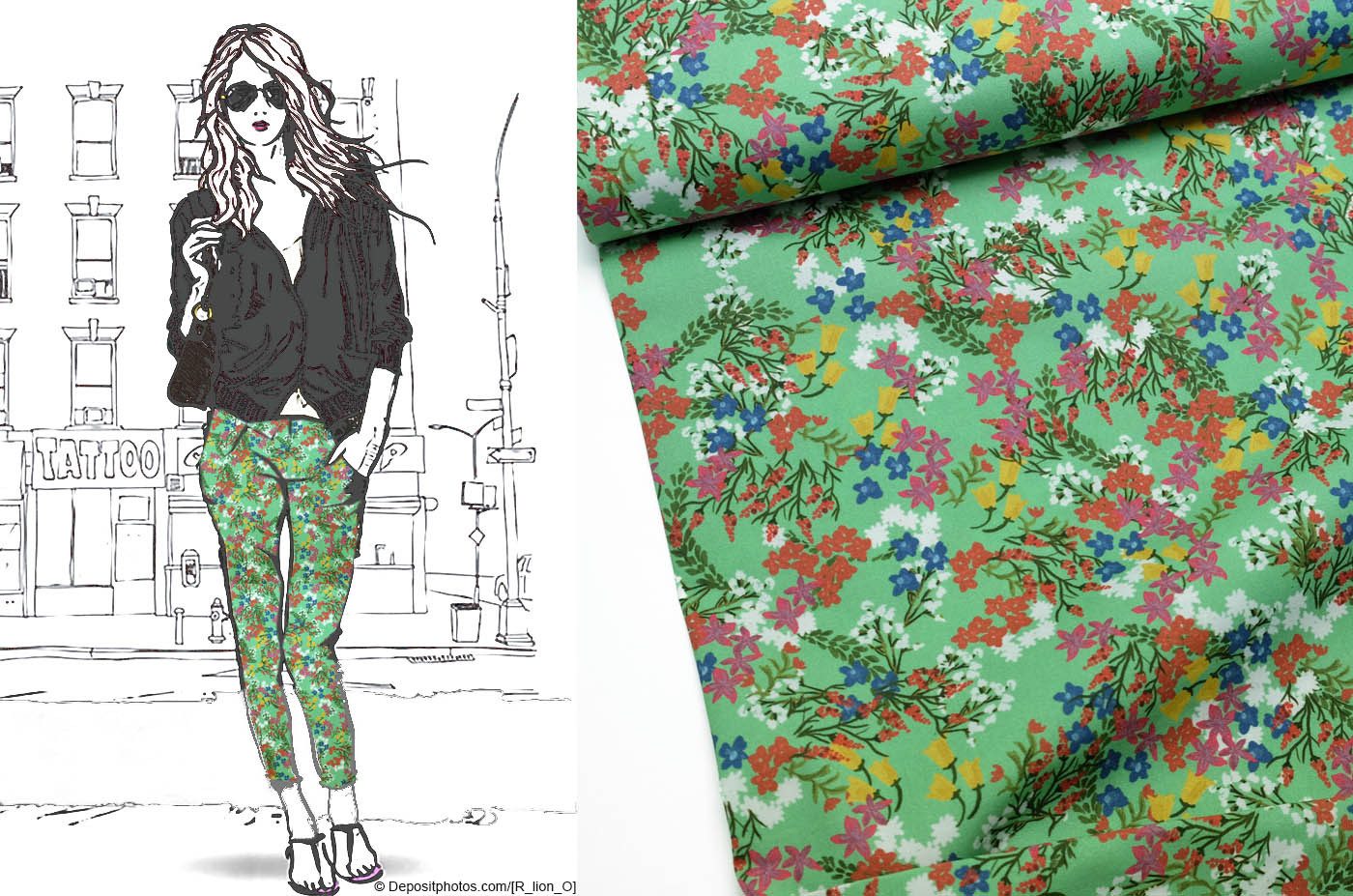 larissastoffe Stoff Baumwollstoff Blumen, elstisch gewebt, grün, Meterware, 50 cm x 150 cm, 140 cm