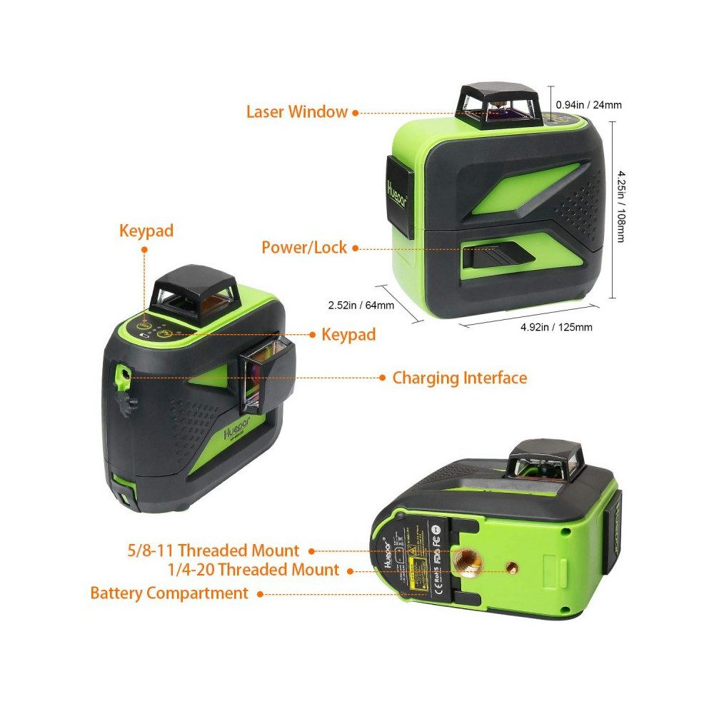 Huepar Kreuzlinienlaser Huepar 602CG grüner 2D Kreuzlinienlaser mit Akku und Wandhalterung