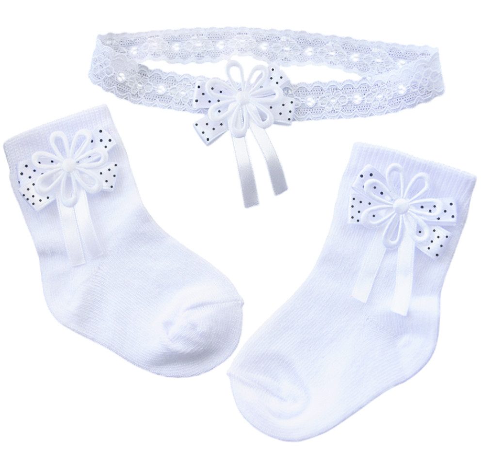 La Bortini Socken Socken und Stirnband für Baby Kinder weiß festlich Strümpfe Rüschen elastisch, weiß, gepunktet, 44 50 56 62 68 74 80 86 92 98 104 110