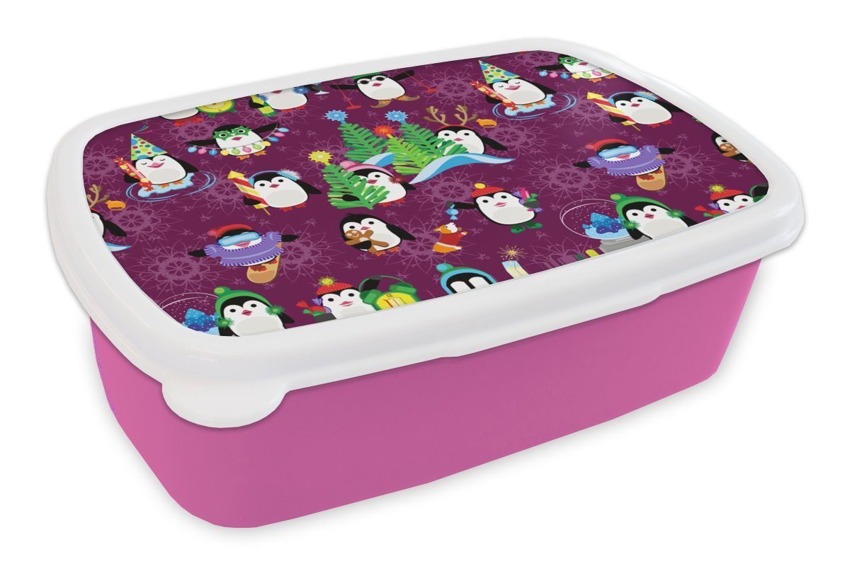 MuchoWow Lunchbox Pinguin - Weihnachten - Feuerwerk - Winter - Design, Kunststoff, (2-tlg), Brotbox für Erwachsene, Brotdose Kinder, Snackbox, Mädchen, Kunststoff rosa
