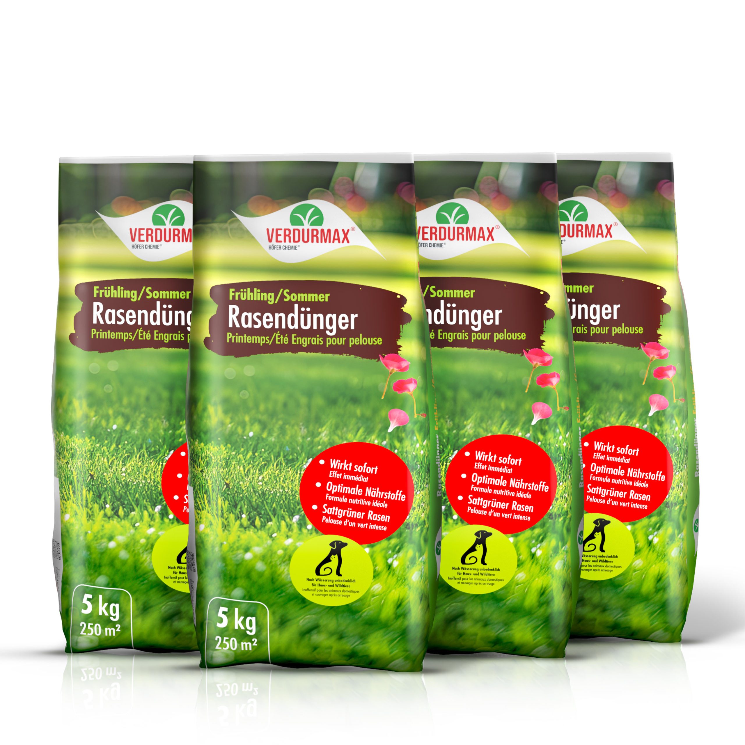 Höfer Chemie GmbH Rasendünger 4 x 5 kg VERDURMAX® Rasendünger Frühling / Sommer, Granulat, 4-St., Starkes Wachstum und sattes Grün