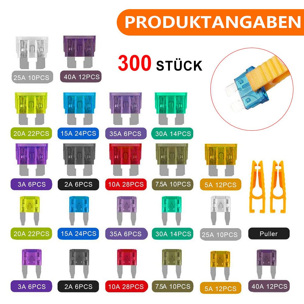 Hikity Flachstecksicherungshalter 300 Stück Sicherungen Set 2A-40A Auto Flachsicherungen Sortiment, (300-St., Auto Flachsicherungen Sortiment 11+19 mm)