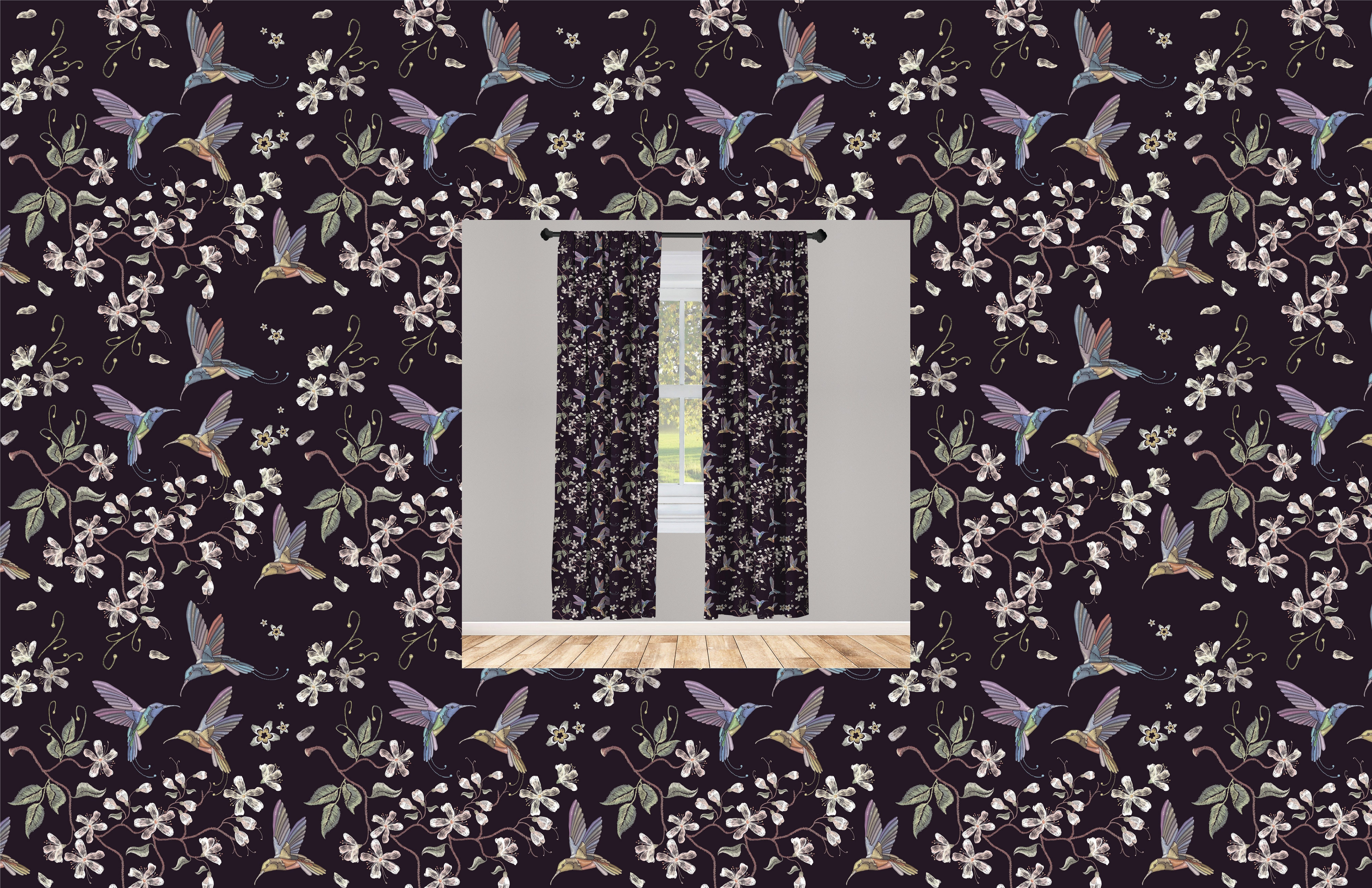 Gardine Vorhang für Wohnzimmer Schlafzimmer Dekor, Abakuhaus, Microfaser, Kirschblüte Kolibri