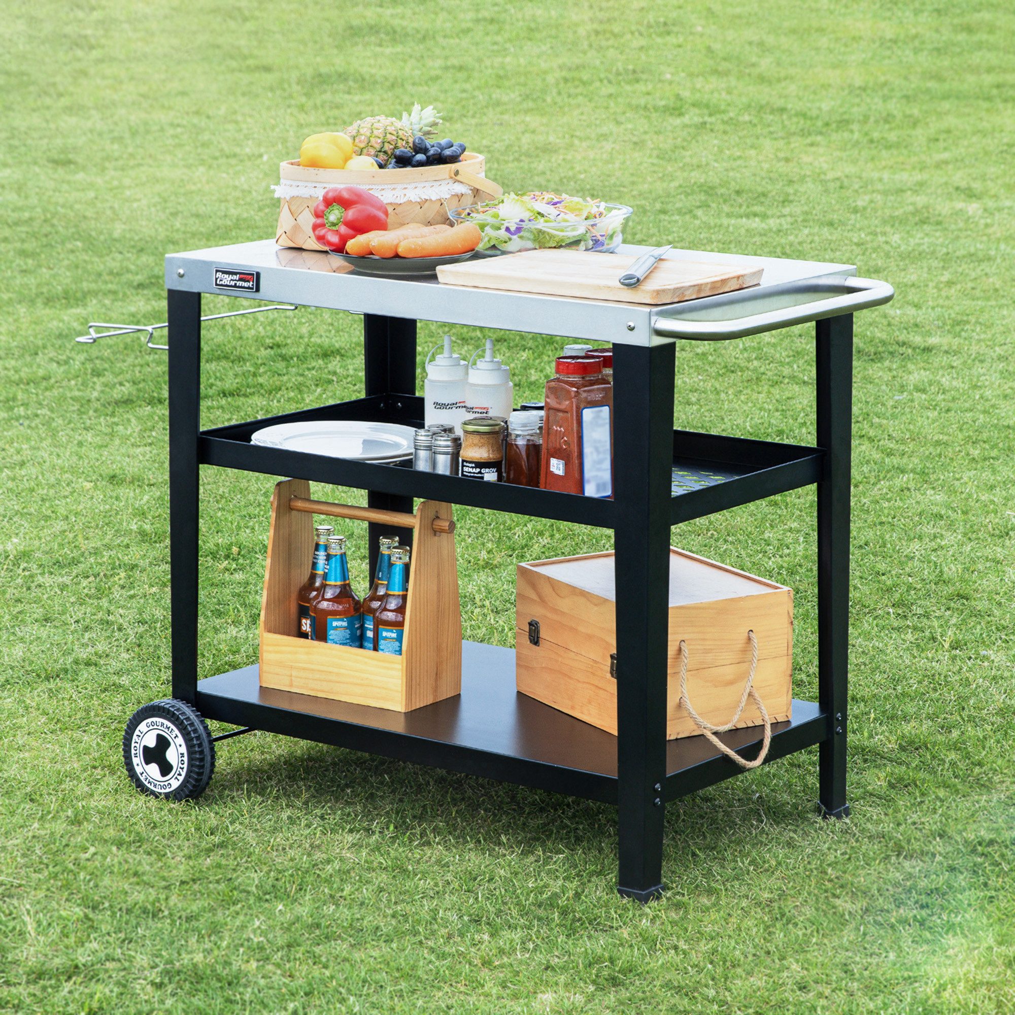 Royal Gourmet Grillablagetisch Servierwagen 3-Etagen mit Müllsackhalter Küchenwagen, Edelstahl Beistelltisch Outdoor, 117B x 59T x 81H cm – Bild 4 von 5