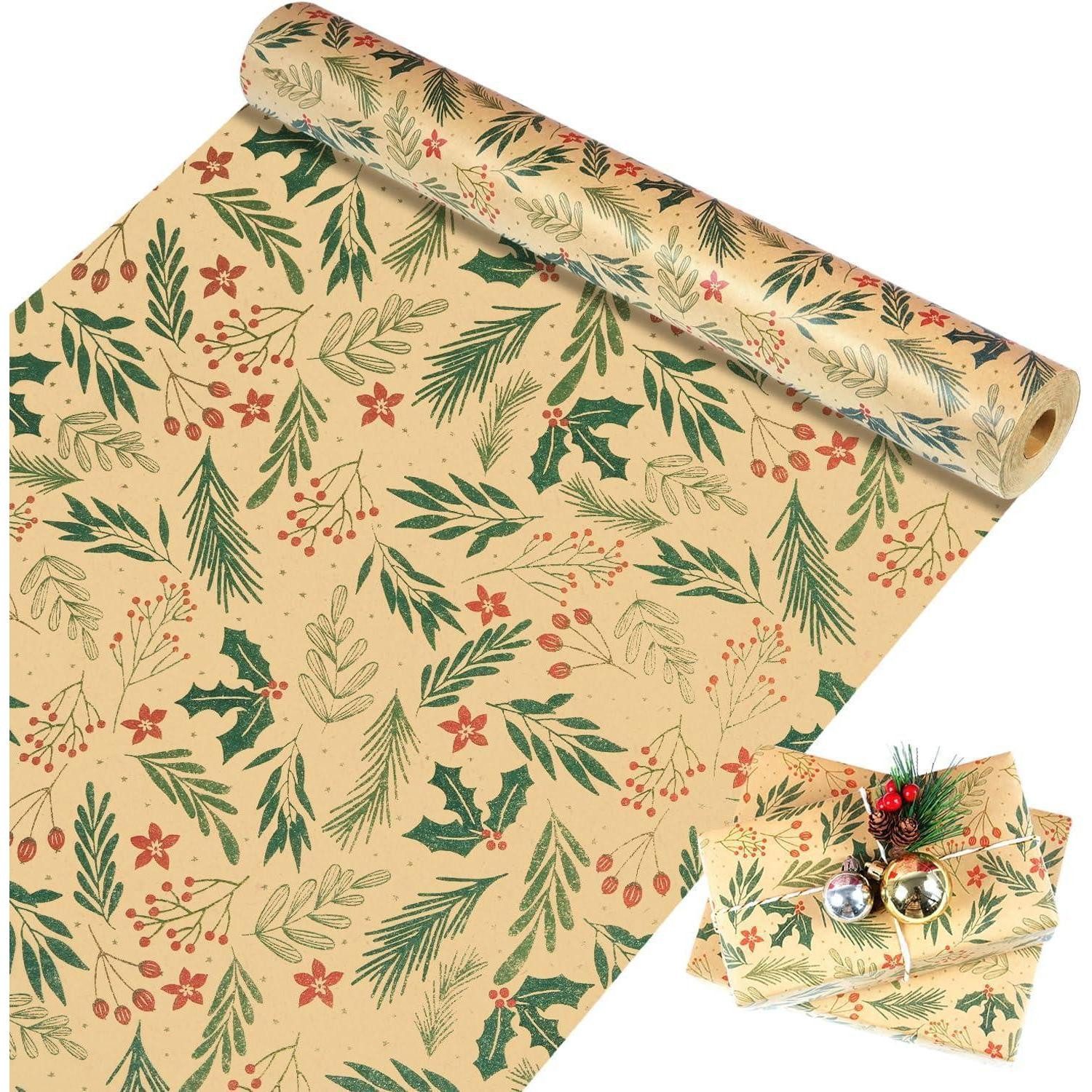 LuxusKollektion Geschenkpapier Geschenkpapier Rolle 43x15m Kraftpapier Weihnachten Braun Grün Rot