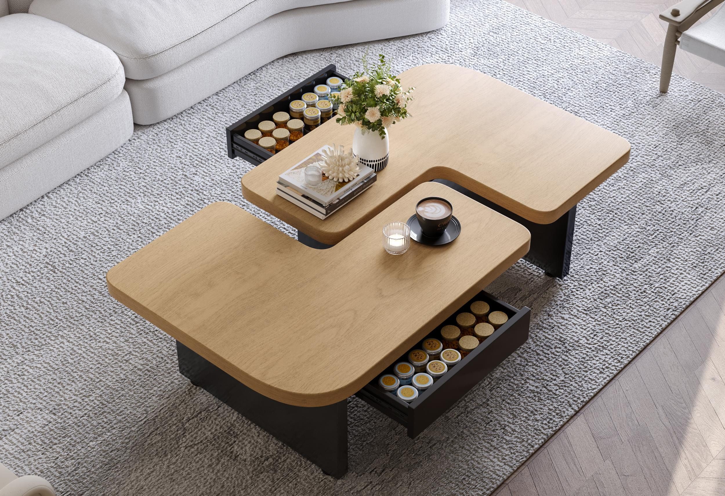 LVHOM Couchtisch 135x60cm/90x90cm ÖKO Modern Modular 2-in-1 mit Beleuchtung (Sachlichkeit + Innovation, Technische Details in Kurzform, Umweltbewusstsein, Wertige Materialassoziation, mehr in 1 Design trifft intelligente Raumtransformation), Rückseitige L
