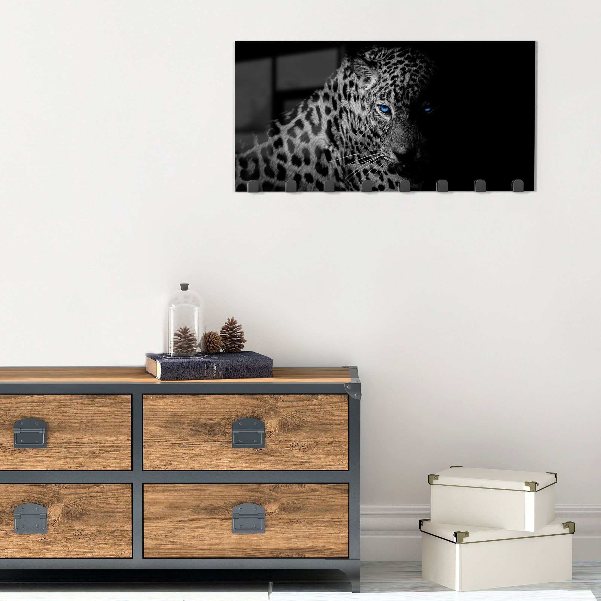 DEQORI Kleiderhaken Augen', blauen Paneel mit magnetisch Glas beschreibbar 'Leopard Garderobe