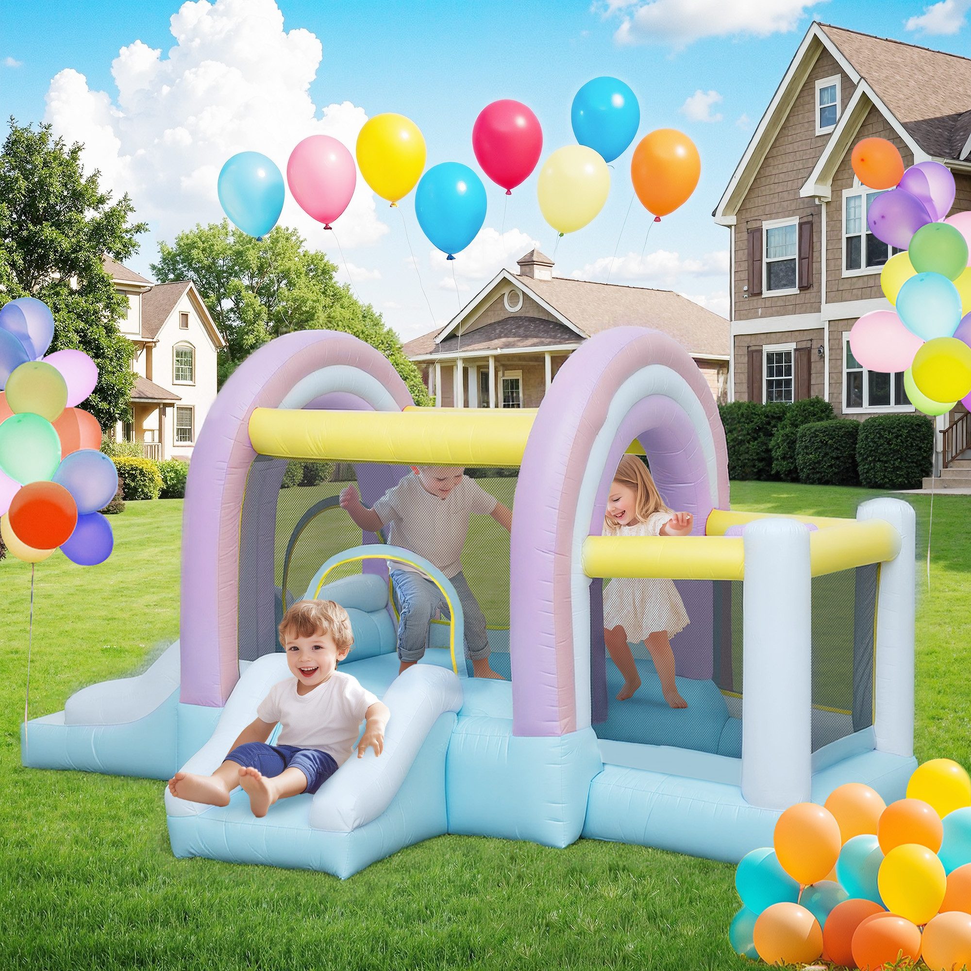 AIYAPLAY Hüpfburg mit Gebläse, Bodenanker, Rutsche, Reparaturflicken-Set, Tragetasche, (für Kinder im Alter von 3–8 Jahren, 1-tlg., für drinnen und draußen), 340 x 220 x 180 cm, Bunt