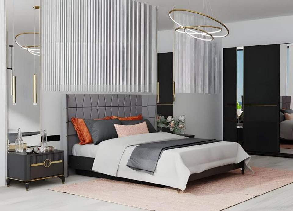 JVmoebel Schlafzimmer-Set Elegantes graues Doppelbett mit Nachttischen und Kleiderschrank, (6-tlg., Doppelbett, 2xNachttische, Kleiderschrank, Kommode + Spiegel), Made in Europe