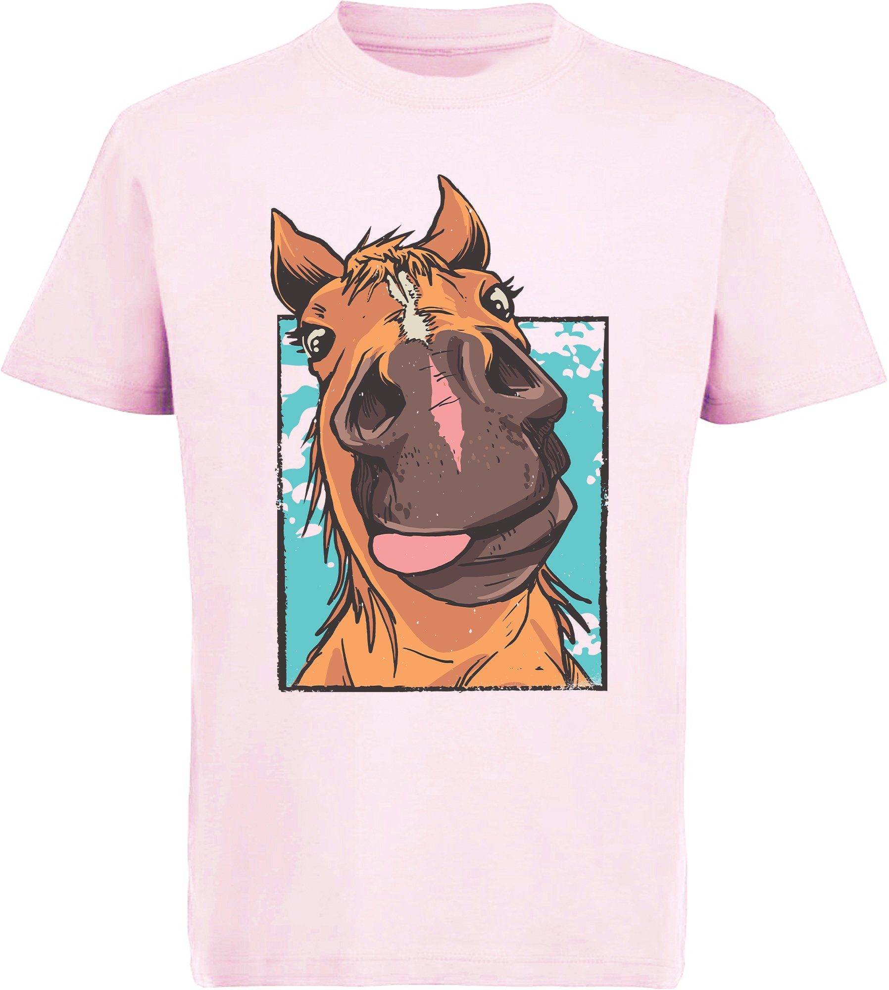 MyDesign24 Print-Shirt bedrucktes mit i153 lustiger Kinder Zunge mit Baumwollshirt Aufdruck, Pferdekopf rosa T-Shirt