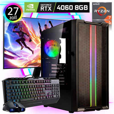 Meinpc Ryzen 7 RTX 4060 Set Gaming-PC-Komplettsystem (27,00", AMD Ryzen 7 5700X, Nvidia GeForce RTX 4060, 32 GB RAM, 500 GB SSD, Tastatur Maus Set, Wasserkühlung, Gaming, Gamer, Windows 11 Pro)