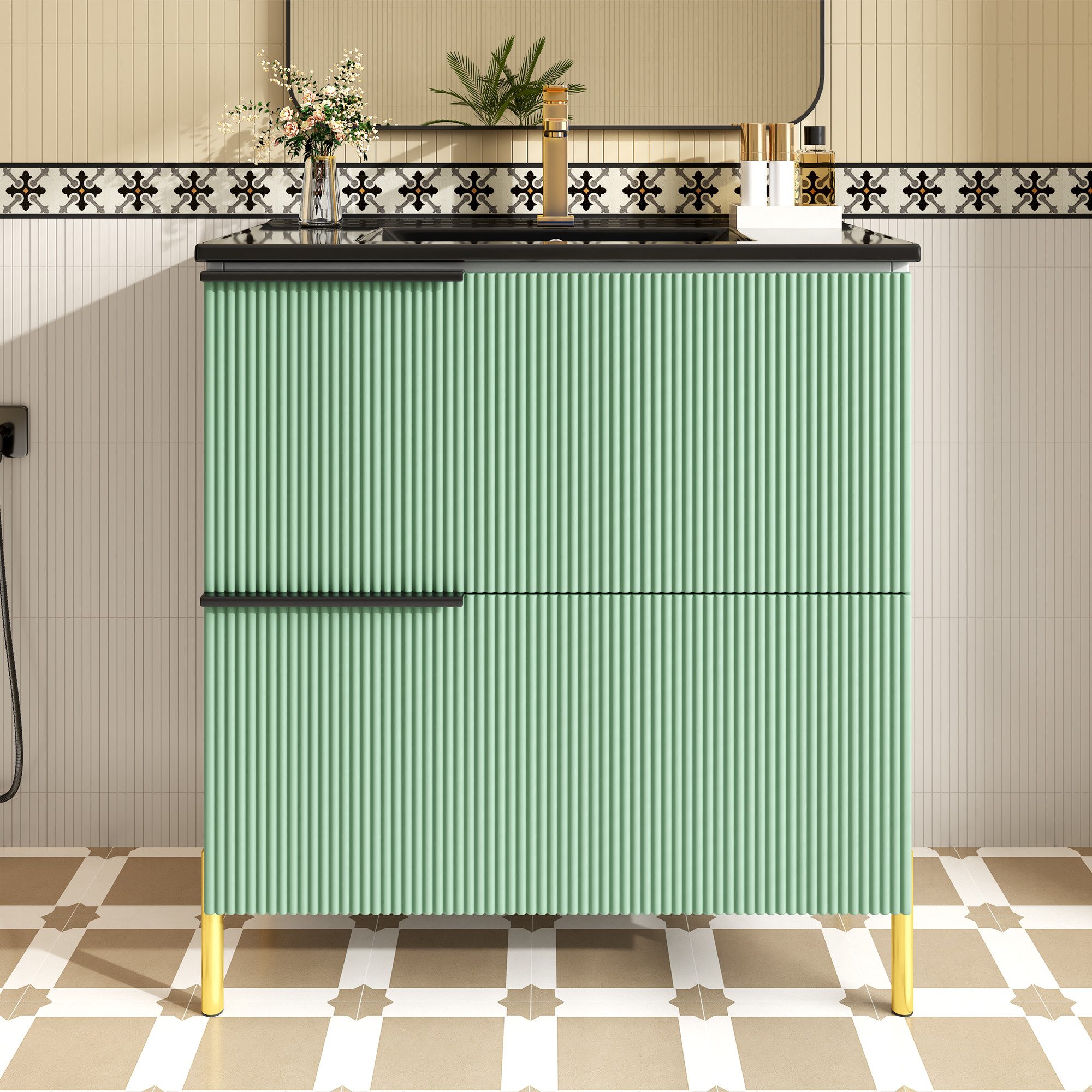 Flieks Waschtisch Waschbeckenunterschrank mit schwarze Keramik-Waschbecken (B81,8/T47/H90 cm, 1-St., bodenstehend), Badzimmerschrank mit 2 Schubladen Badmöbel-Set Waschplatz Grün