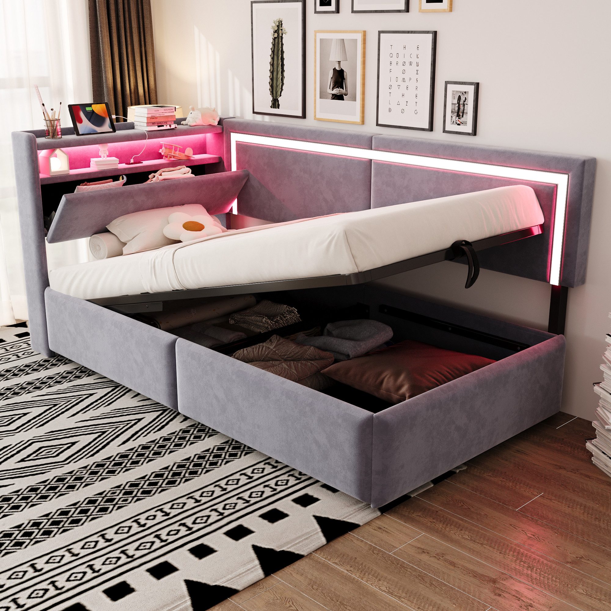 Flieks Daybett, Polsterbett 90x200cm mit hydraulischem Stauraum LED-Leiste USB/TYP-C