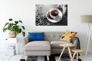 Pixxprint Leinwandbild Tasse Kaffee mit Bohnen und Croissant B&W Detail, Tasse Kaffee mit Bohnen und Croissant B&W Detail (1 St), Leinwandbild fertig bespannt, inkl. Zackenaufhänger