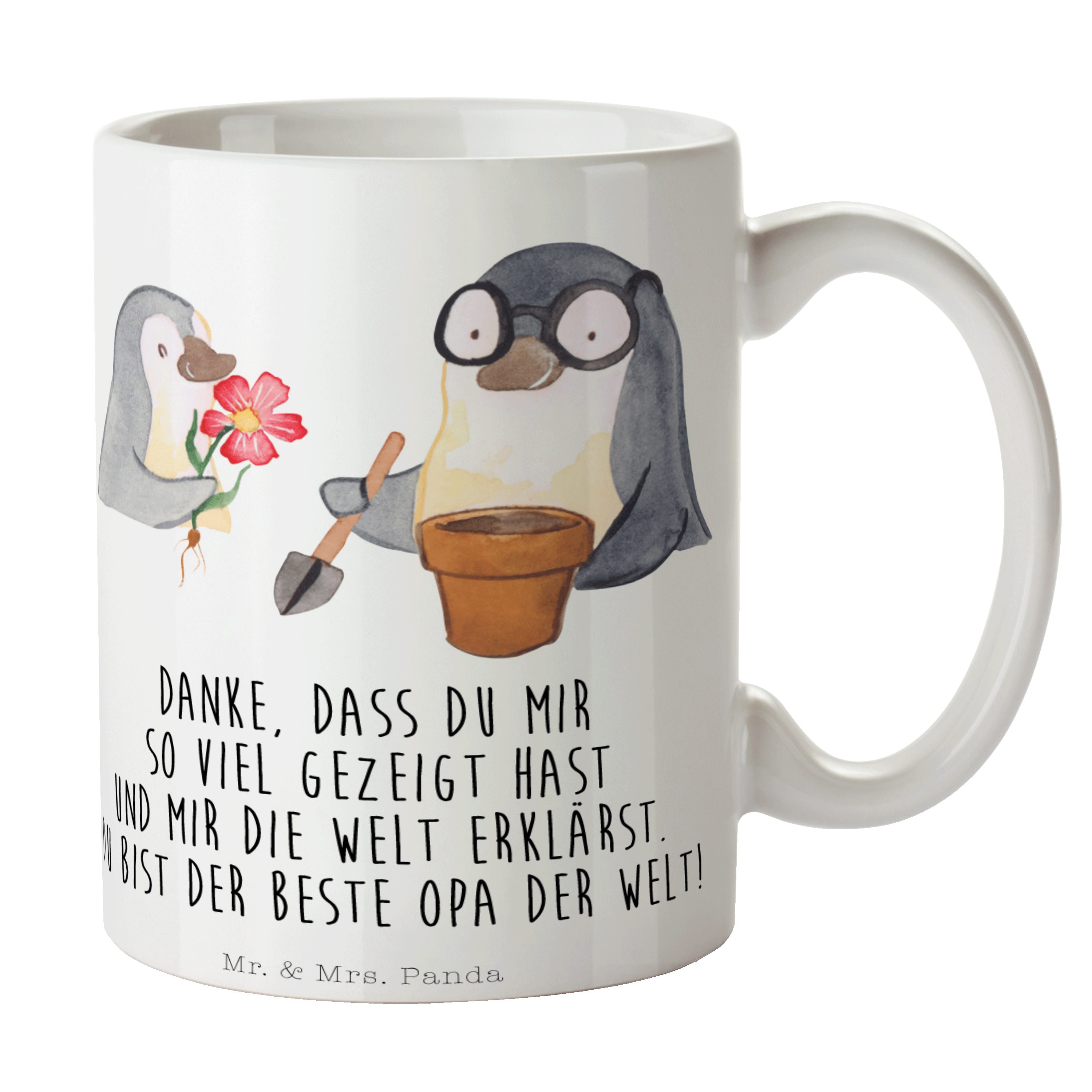 Mr. & Mrs. Panda Tasse Pinguin Opa Blumen pflanzen - Weiß - Geschenk, bester Opa, Keramiktas, Keramik
