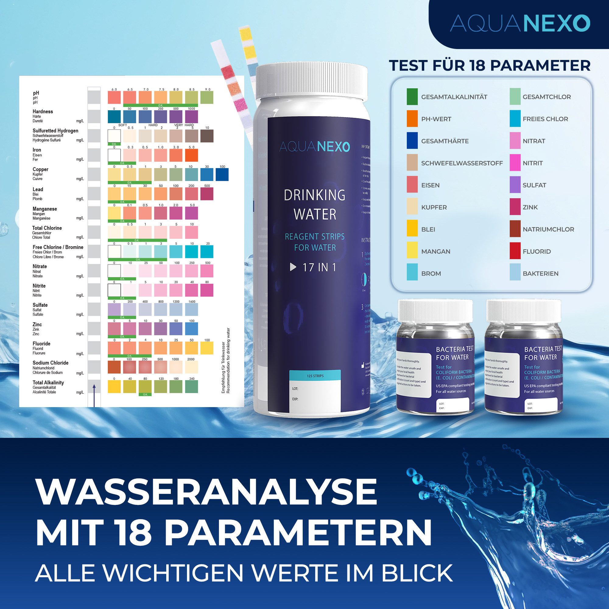 AquaNexo Trinkwassertest Teststreifen 16-in-1 125x + 2 Bakterientests inkl. Pipette/Reagenzglas