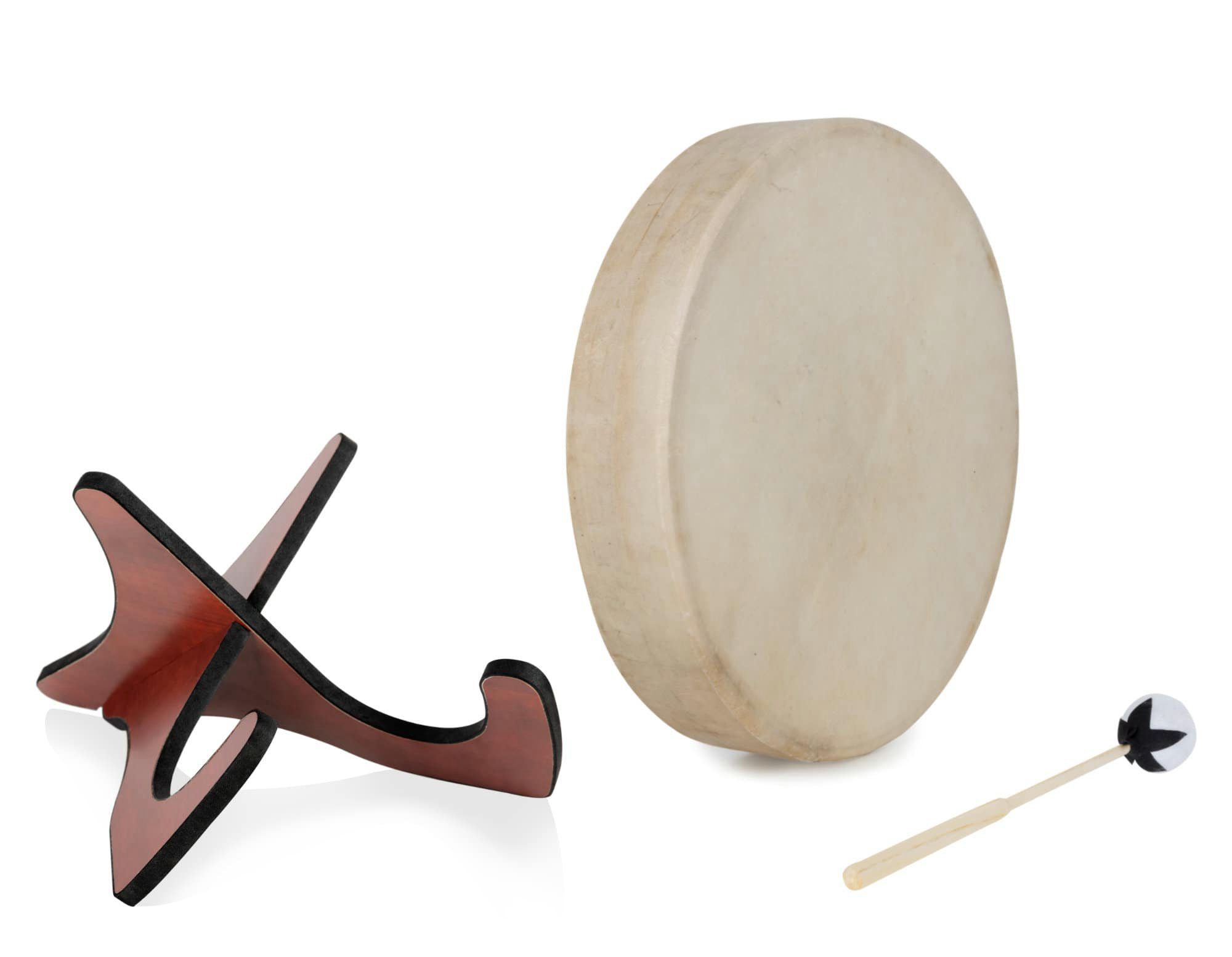 Classic Cantabile Trommel Schamanentrommel mit Ziegenfell bespannt - Handtrommel,SD-16, 3-St., Inkl. Schlägel und Ständer, Anregende Wirkung - Mit Haltevorrichtung