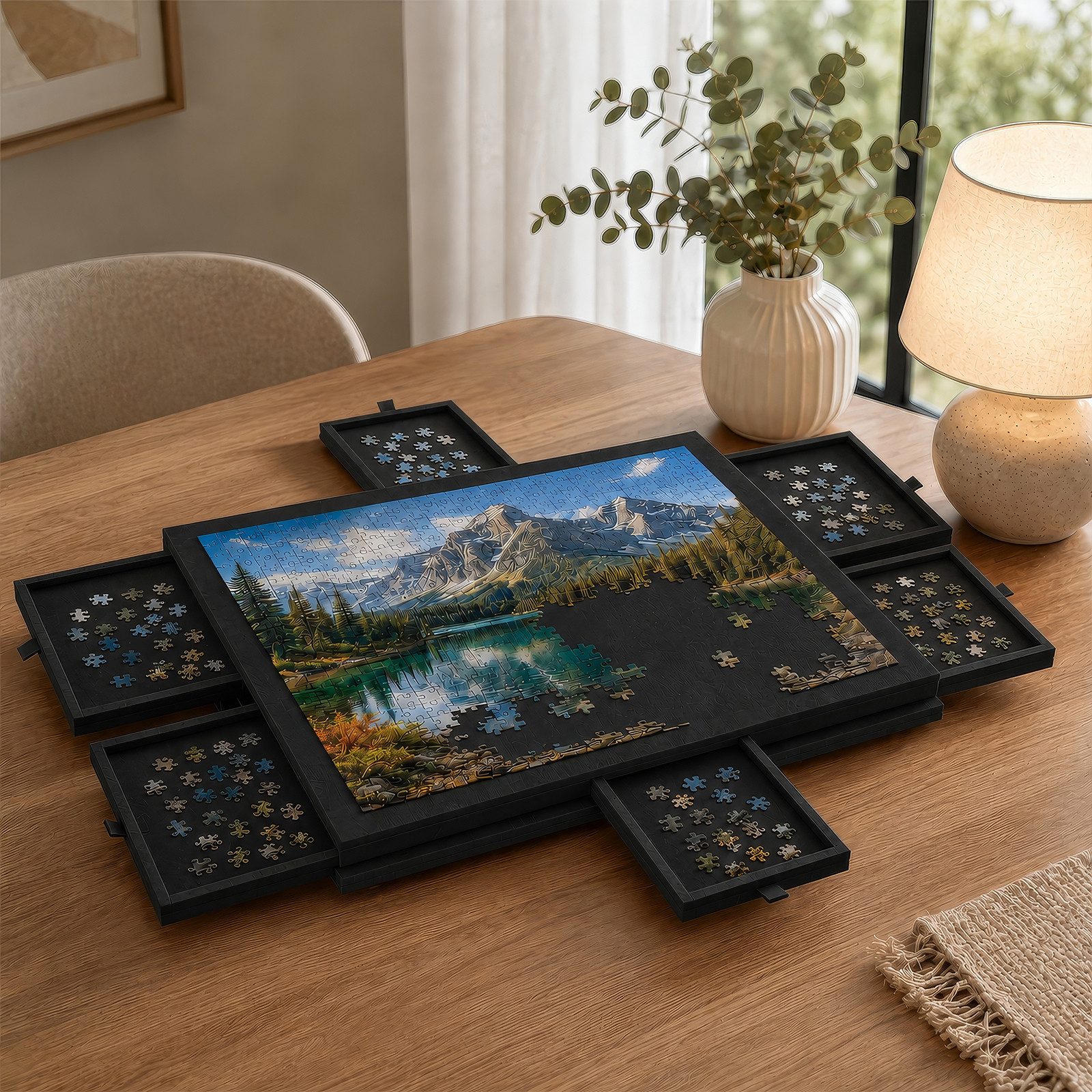 BlingBin Puzzleunterlage Filz Puzzlebrett 1000 Teile mit 6 Schubladen, klappbar, (2-in-1 Puzzlematte mit Ständer & Abdeckung, 1-tlg., 1tlg, 77 x 53,6 x 4,2 cm), Leicht & tragbar für Erwachsene & Kinder