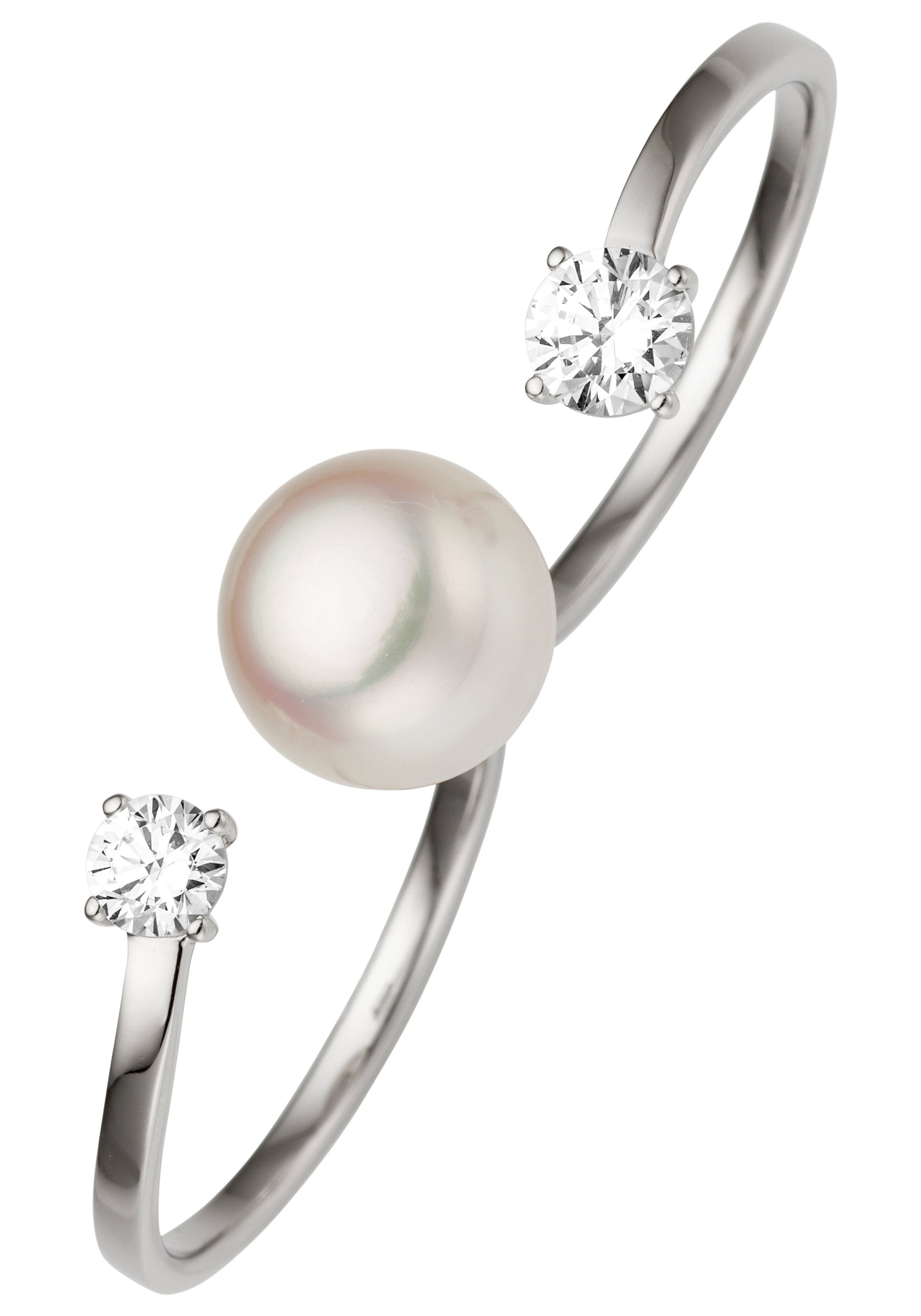JOBO Perlenring Ring Zweifingerring, 333 Weißgold mit Perle und 2 Zirkonia