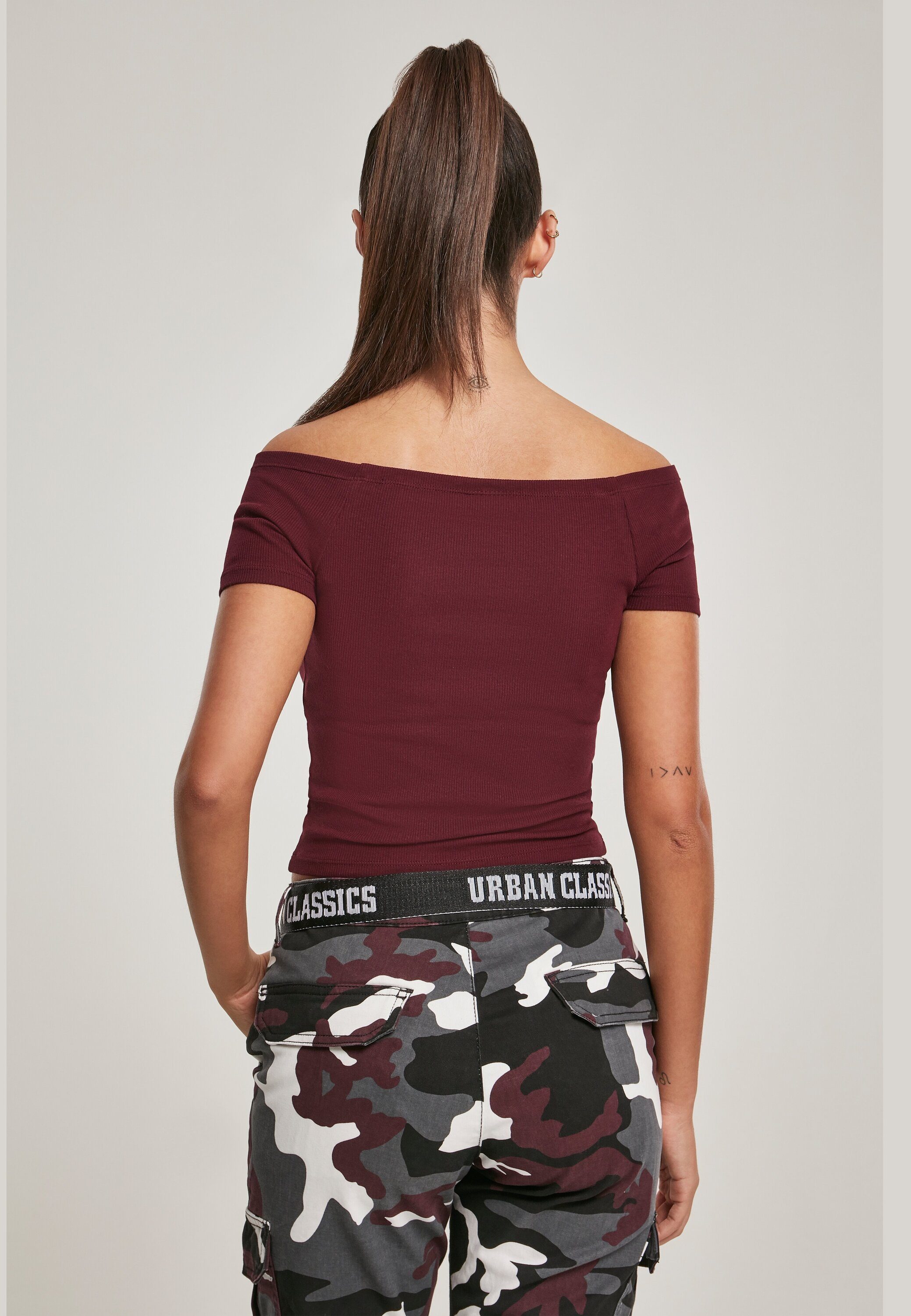 URBAN Shoulder (1-tlg) Tee Off Damen Rib T-Shirt Ladies redwine CLASSICS