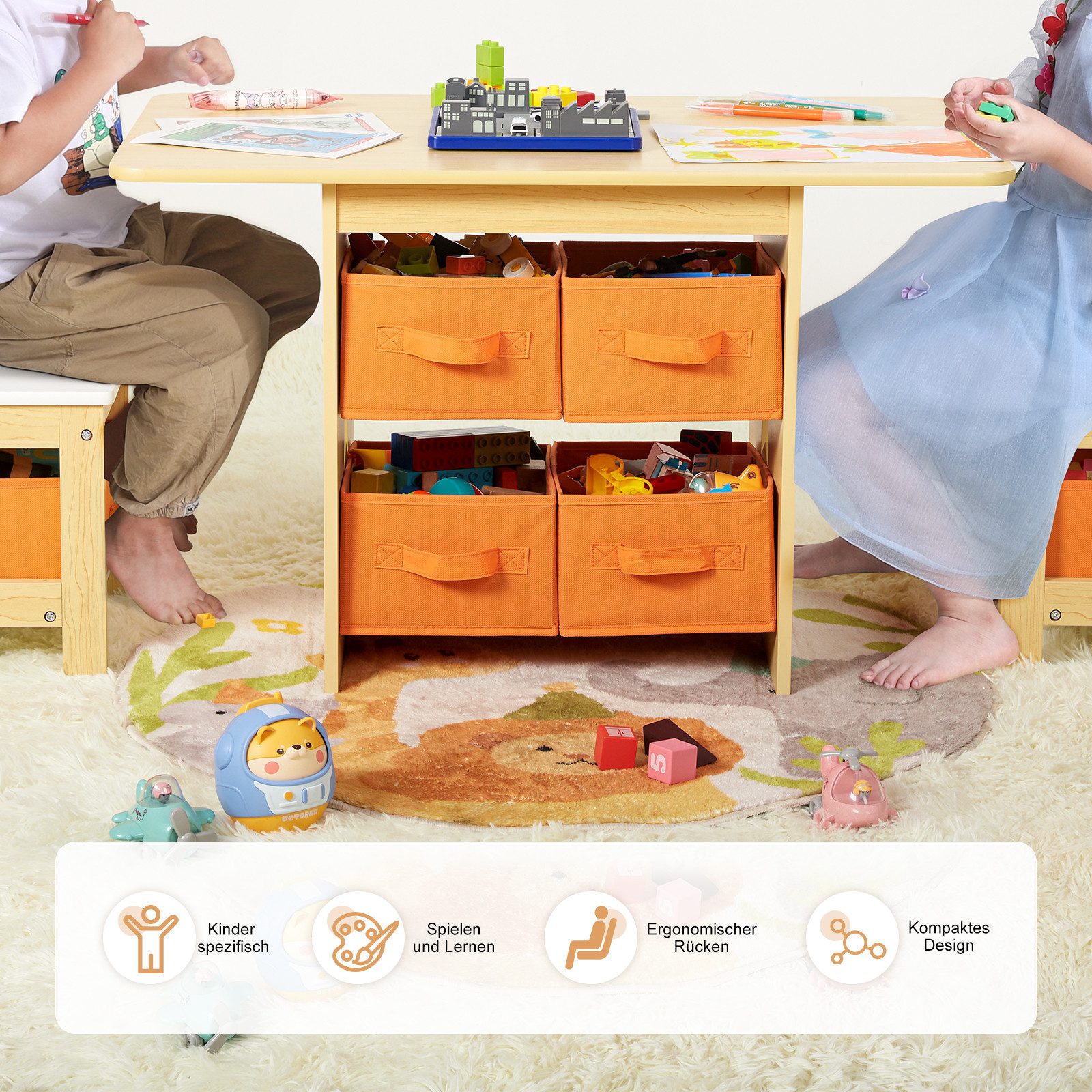 Yorbay Kindersitzgruppe Kindertisch mit 2 Stühlen, mit 6 Aufbewahrungskörbe günstig online kaufen