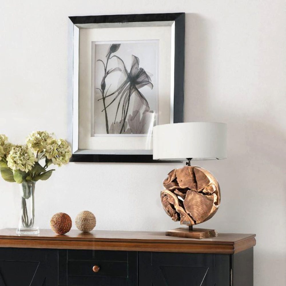 Möbel Bressmer Tisch-Tageslichtlampe GLOBE 75 cm – Wurzelholz-Tischlampe aus Teak mit weißem Leinenschirm, Nicht Inklusiv